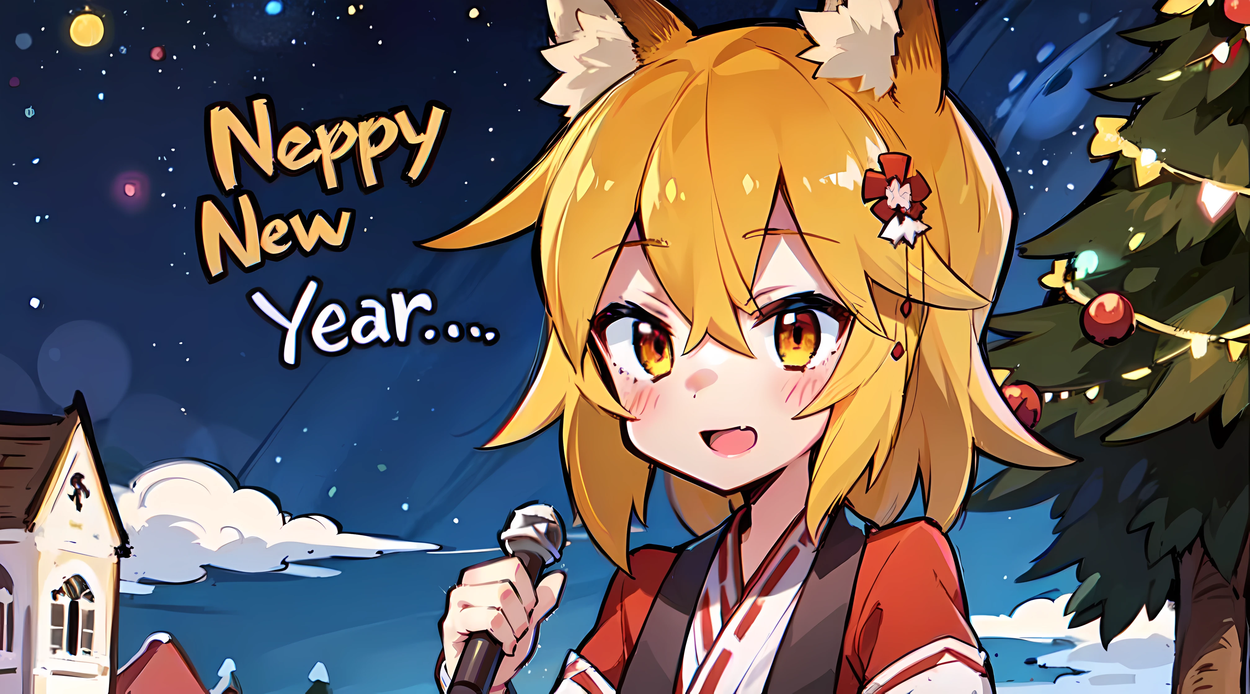 Yandex chan, A girl, Fox ears, Clouds, Christmas tree, garland, New Year