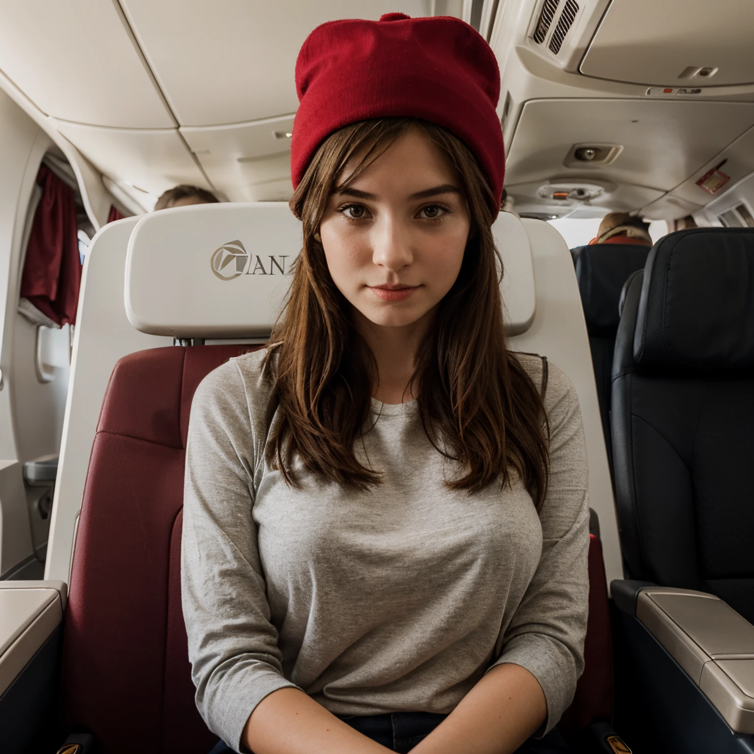 girl with red hat, on an airplane with george washington