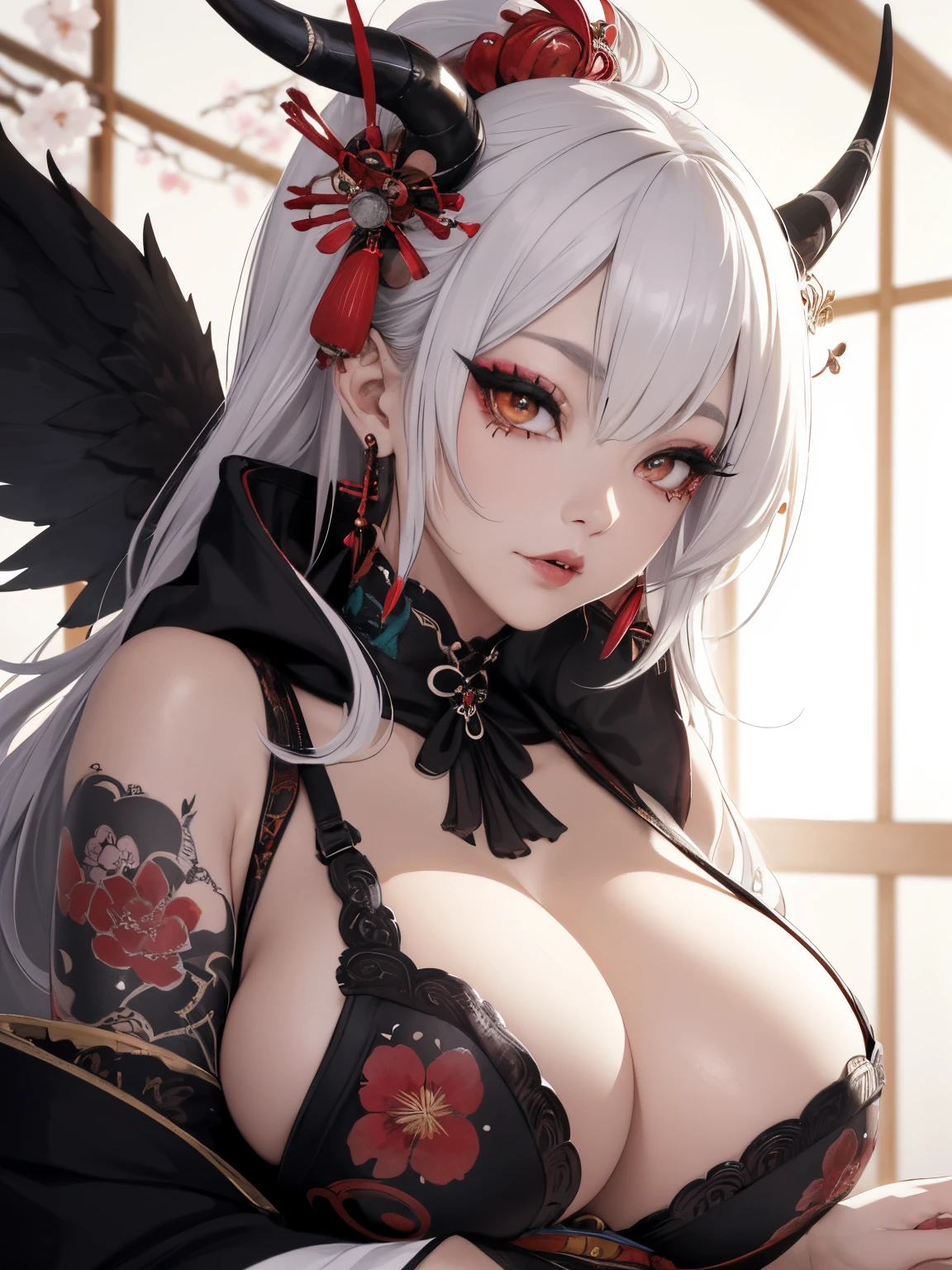 Extremely detailed CG unity 8k UHD QUALITY RESOLUTION WALLPAPER, AWARD-WINNING portrait, official art, Perfect masterpiece, best quality, best resolution, the most beautiful and demon goddess, cowboy shot from below, highly detailed Harajuku-inspired hooded open kimono, oni horns, black angel wings, bold color scheme and patterns, trendy and innovative platinum white Mohawk hairstyle, vibrant makeup, super huge enormously gigantic tits, cleavage showing, gigantic tits bursting out of her kimono, tons of tattoos and piercings, detailed feudal Japan dazzling feudal Japan bedroom, cherry blossoms blowing in the wind, vivid color scheme, insane details, beautiful detailed face, blushing, sexy seductive slutty facial expression, looking at the viewer, close up pov camera view from below, slutty sassy seductive sexy dynamic pose, intricate details, ultra detailed.