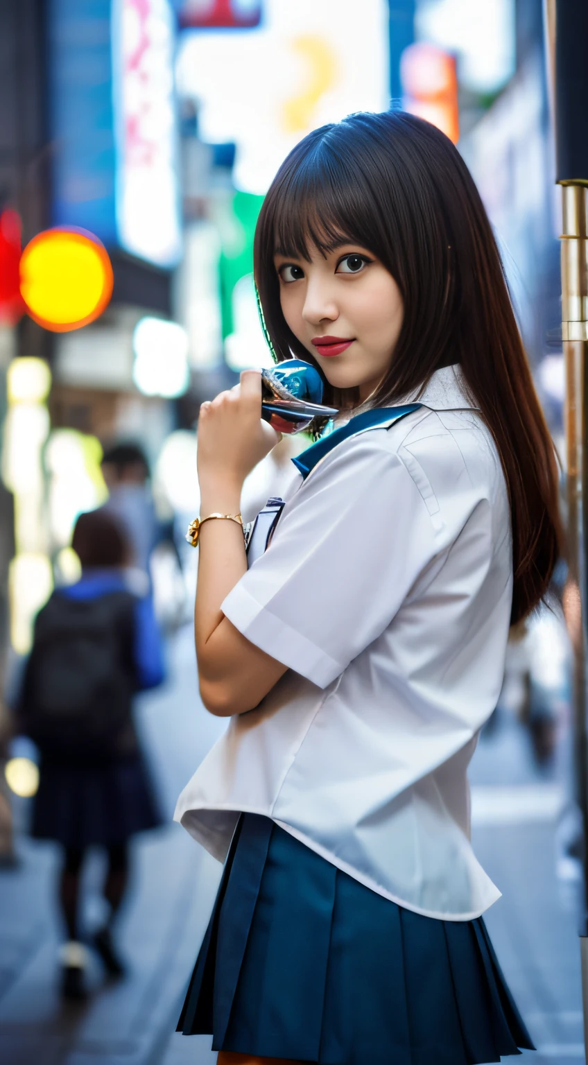 Ultra top quality, masterpiece, ultra high resolution, depth of field, depth of subject, (photorealistic: 1.4), (dramatic, award-winning photography, incredible masterpiece: 1.3), RAW photos, golden ratio, highly detailed CG Unity 8k wallpaper, detailed and complex, incredibly absurd, original, high resolution, raw photos, (perfect body shape), finely complex, DSLR, Soft Lighting, High Quality, Film Grain, Background Blur, Fujifilm XT3, 50mm Lens, Backlit, HDR, Hyperrealistic, Color Grade, Dynamic Pose, Portrait, Japan People, Smile, Lips, Bangs, (Crowded Akihabara: 1.2), Front View Viewer, Natural Light, Girl, 21 years old, Full Body, Solo, Student, High School, Uniform, Cute High School Girl, Japan school uniform, girl in uniform, bobby socks, skirt, daytime, on the street, deep shadow, cute, beauty, discreet, cold light 12000K\Street, store status, Akihabara, Shinjuku, Shibuya, Ikebukuro, detailed realistic, skin texture, super detailed, realistic skin texture