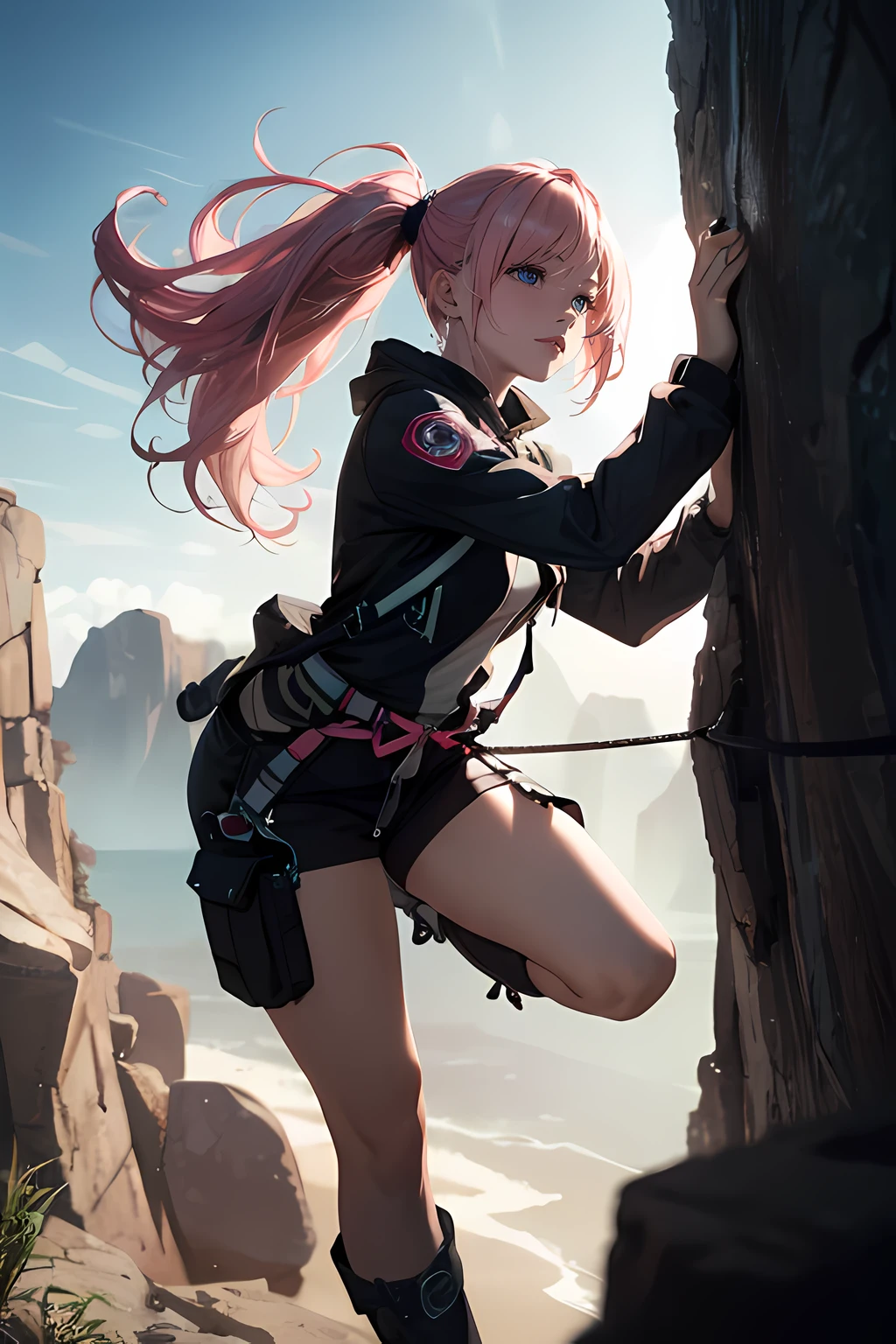 (masterpiece), (best quality), 1female, doing wall climbing on a cliff, side view, (long_ponytail pink color hair:1.21), (hair over one eye:1.23), wearing climbers wear, hanging on a cliff, holding a rope, detailed beautiful eyes, detailed gorgeous face, perfect anatomy, very cute, dynamic pose, perfect shading, dramatic lighting, rendered in 8K resolution for high-quality detail, concept art, smooth, sharp focus, illustration, highly detailed, soft natural volumetric, cinematic perfect light, intricate details,