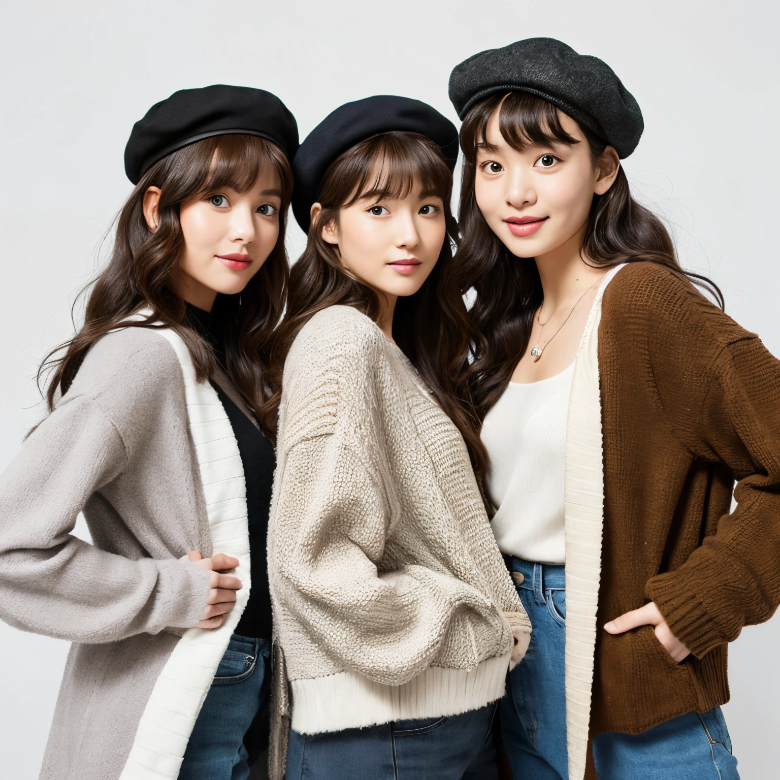 pixar pictures。2 girls。The girl on the left is wearing a black beret。long curly hair。thin bangs。I&#39;m wearing a gray and white striped knit。Do the pieces。The girl on the right has medium curly hair..。I am wearing a white boa jacket and black innerwear.。worn with a necklace。White background