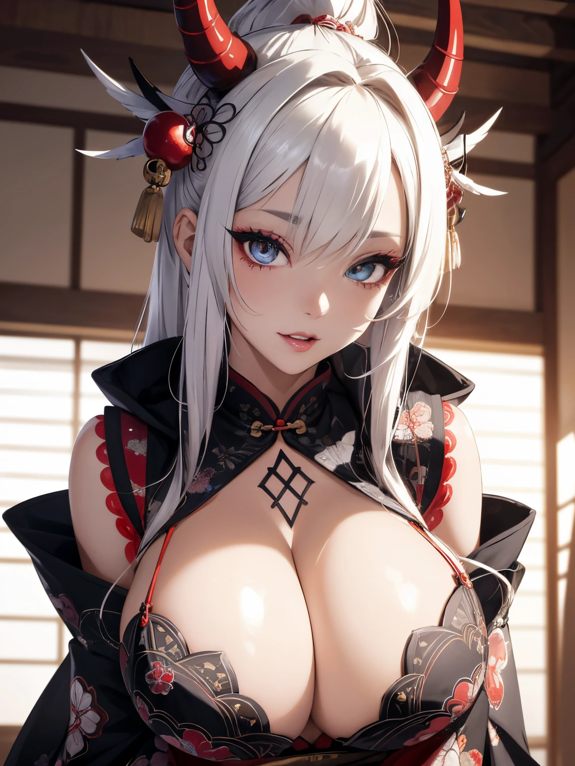 Extremely detailed CG unity 8k UHD QUALITY RESOLUTION WALLPAPER, AWARD-WINNING portrait, official art, Perfect masterpiece, best quality, best resolution, the most beautiful and demon goddess, cowboy shot from below, highly detailed Harajuku-inspired hooded open kimono, oni horns, black angel wings, bold color scheme and patterns, trendy and innovative platinum white Mohawk hairstyle, vibrant makeup, super huge enormously gigantic tits, cleavage showing, gigantic tits bursting out of her kimono, tons of tattoos and piercings, detailed feudal Japan dazzling feudal Japan bedroom, cherry blossoms blowing in the wind, vivid color scheme, insane details, beautiful detailed face, blushing, sexy seductive slutty facial expression, looking at the viewer, close up pov camera view from below, slutty sassy seductive sexy dynamic pose, intricate details, ultra detailed.