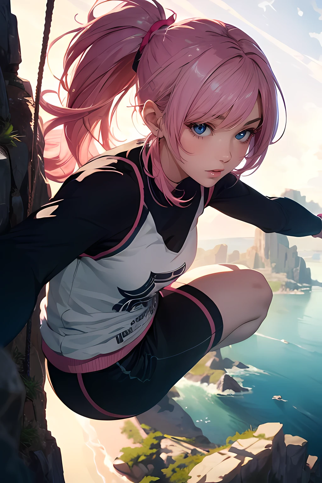 (masterpiece), (best quality), 1female, doing wall climbing on a cliff, side view, (long_ponytail pink color hair:1.21), (hair over one eye:1.23), wearing climbers_sports_wear, hanging on a cliff, holding on a rope, detailed beautiful eyes, detailed gorgeous face, perfect anatomy, very cute, dynamic pose, perfect shading, dramatic lighting, rendered in 8K resolution for high-quality detail, concept art, smooth, sharp focus, illustration, highly detailed, soft natural volumetric, cinematic perfect light, intricate details, PIXIV, krenzcushart,