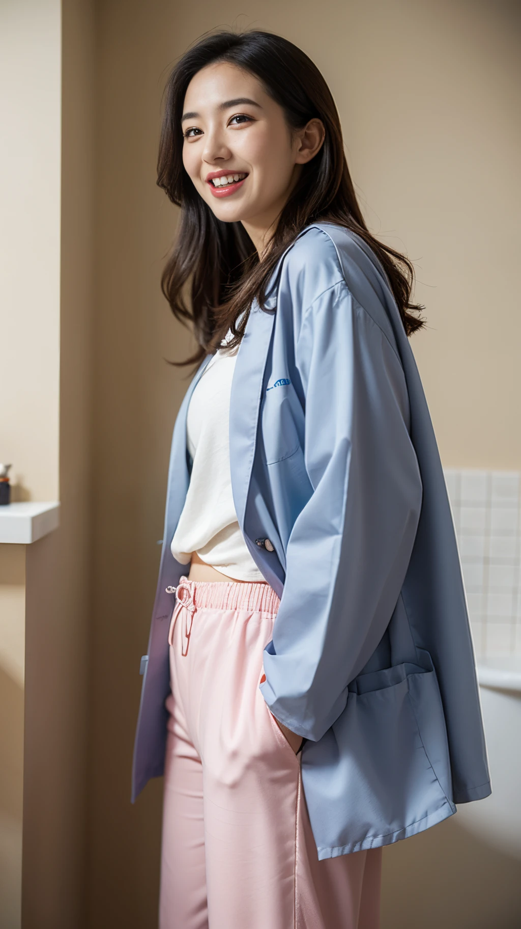 Young Latina ((A hyper-realistic:1.2)), Laughing a lot in a navy blue lab coat and pale pink pants, Very bright in the bathroom, (Krauss-up), Close face, Digital SLR, 100 mm