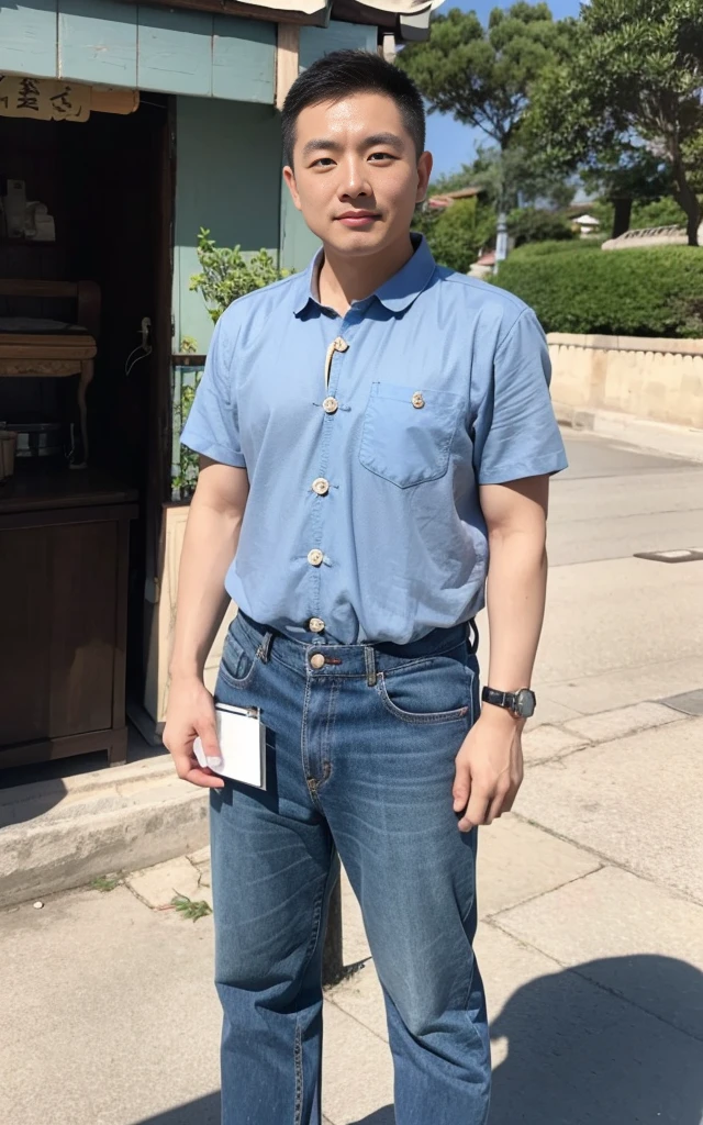 a chinese  man，Wear underwear，Have by the sea