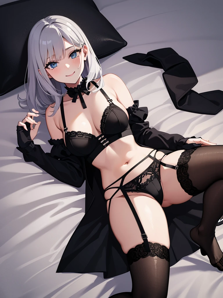 masuter piece top-quality Top image quality Nordic Department One married woman ((Glamour)) Bewitching smile Black bustier Black garter belt Wearing black stockings ((M-shaped legs)) natta hotels room on the beds