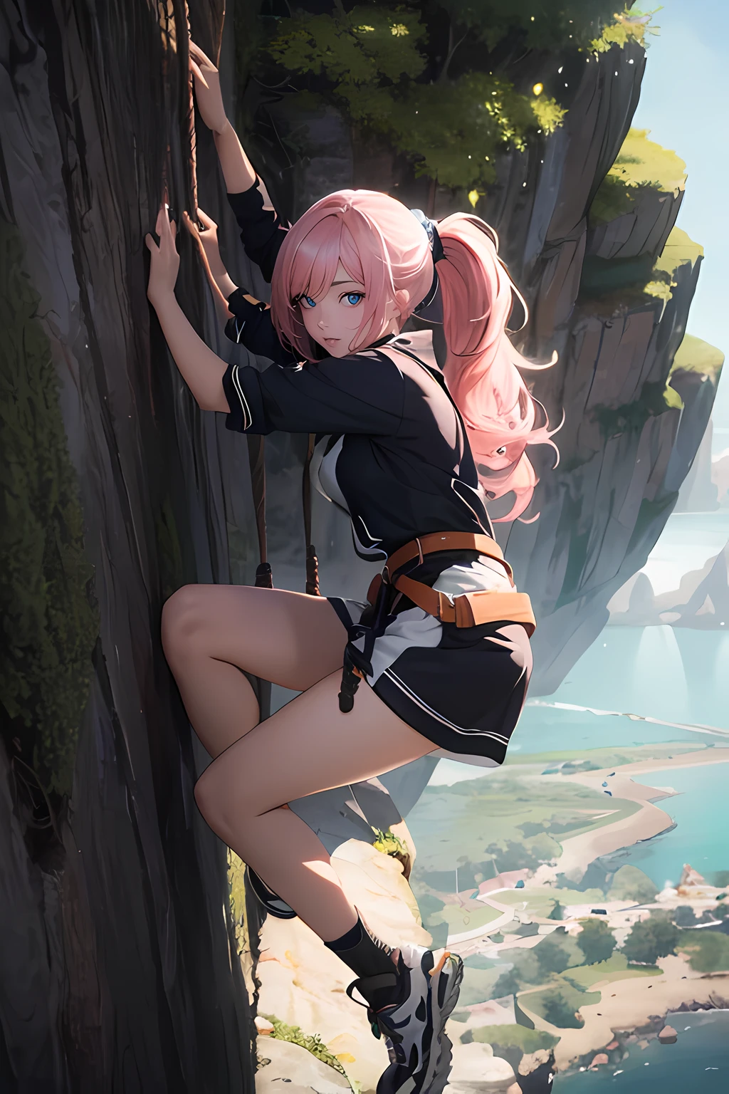 (masterpiece), (best quality full body), 1female, doing wall climbing on a cliff, side view, (long_ponytail pink color hair:1.21), (hair over one eye:1.23), wearing climbers_wear, hanging on a cliff, holding on a rope, detailed beautiful eyes, detailed gorgeous face, perfect anatomy, very cute, dynamic pose, perfect shading, dramatic lighting, rendered in 8K resolution for high-quality detail, concept art, smooth, sharp focus, illustration, highly detailed, soft natural volumetric, cinematic perfect light, intricate details, PIXIV, krenzcushart,
