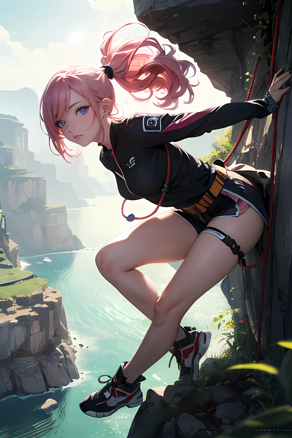 { - anatomy error} , ((Best Quality)), ((masterpiece)), (detailed), score_9,score_8_up,score_7_up,1 woman, pink hair, glowing gold eyes, ponytail, dark skin, climbing a mountain, smiling, looking down, ((downward shot)), wearing a mountaineering clothing, background is the top of a mountain panorama