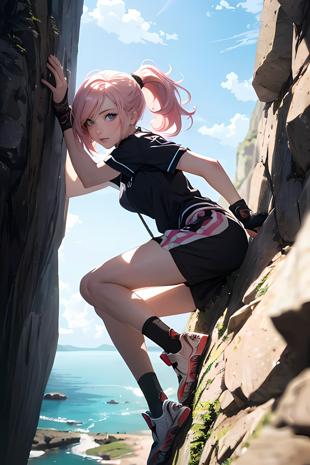 (masterpiece), (best quality full body), 1female, doing wall climbing on a cliff, side view, (long_ponytail pink color hair:1.21), (hair over one eye:1.23), wearing climbers_wear, wearing climbing_shoe, hanging on a cliff, holding on a rope, detailed beautiful eyes, detailed gorgeous face, perfect anatomy, very cute, dynamic pose, perfect shading, dramatic lighting, rendered in 8K resolution for high-quality detail, concept art, smooth, sharp focus, illustration, highly detailed, soft natural volumetric, cinematic perfect light, intricate details, PIXIV, krenzcushart,