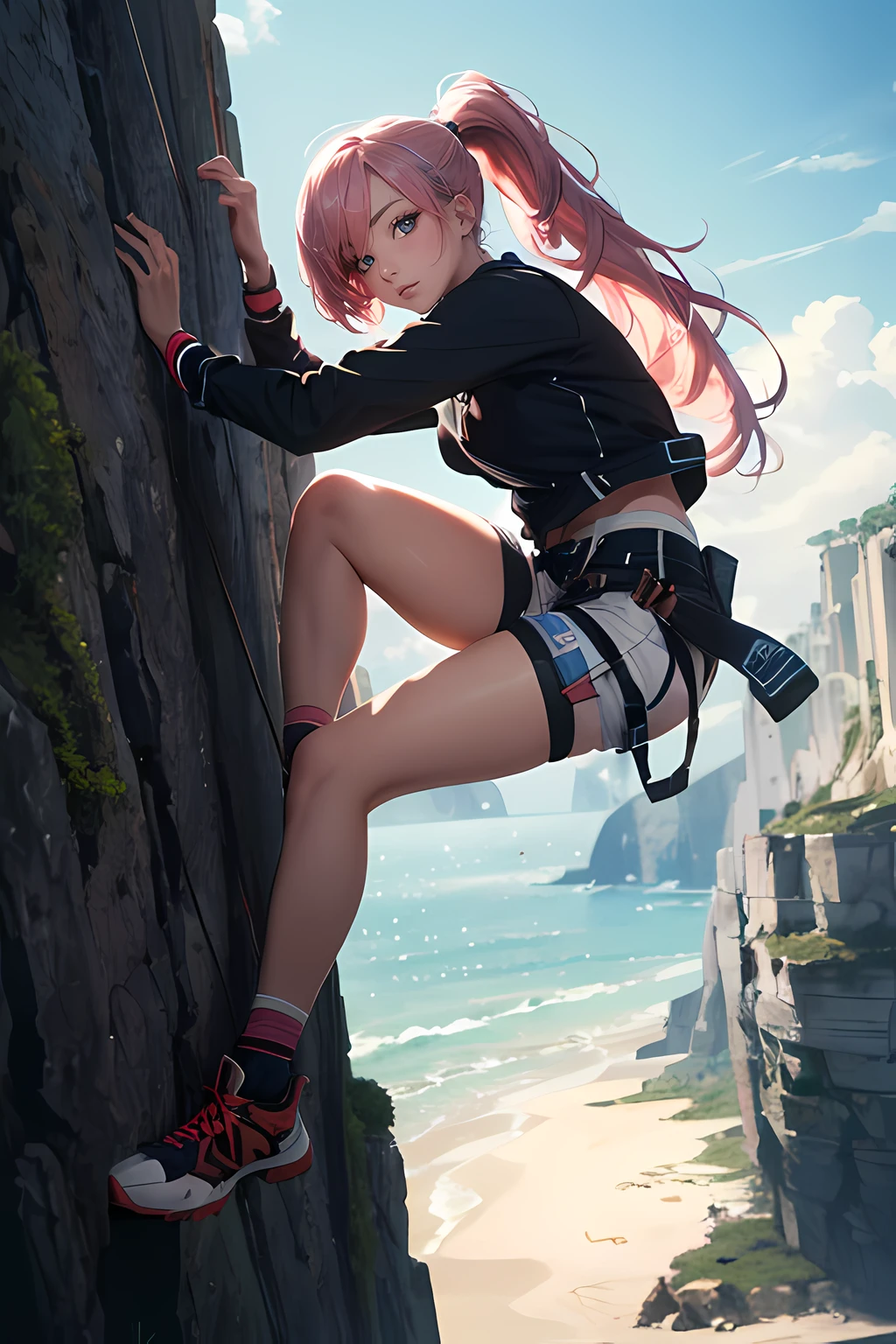 (masterpiece), (best quality full body), 1female, doing wall climbing on a cliff, side view, (long_ponytail pink color hair:1.21), (hair over one eye:1.23), wearing climbers_wear, wearing climbing_shoe, hanging on a cliff, holding on a rope, detailed beautiful eyes, detailed gorgeous face, perfect anatomy, very cute, dynamic pose, perfect shading, dramatic lighting, rendered in 8K resolution for high-quality detail, concept art, smooth, sharp focus, illustration, highly detailed, soft natural volumetric, cinematic perfect light, intricate details, PIXIV, krenzcushart,