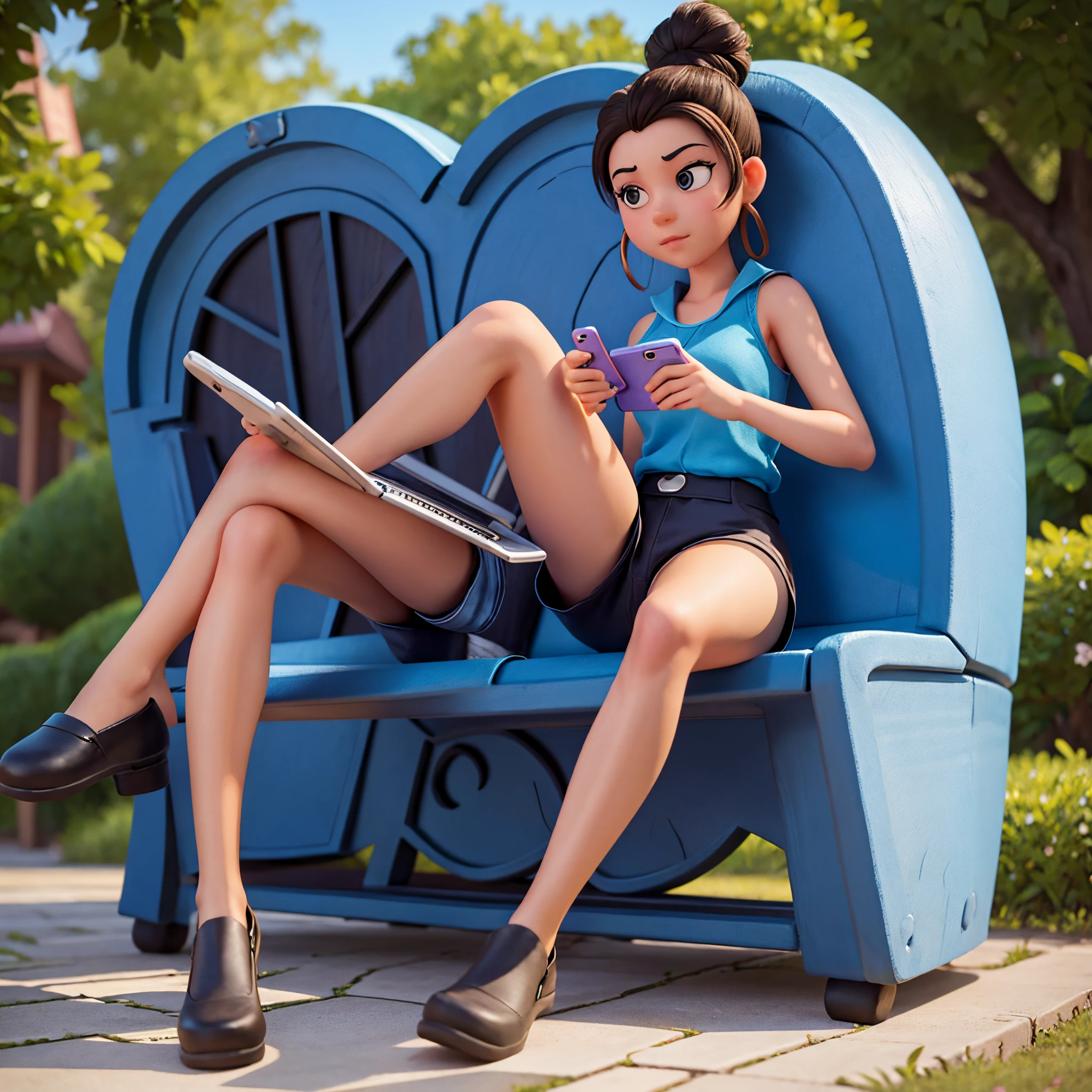 A Disney character-like woman sitting on a blue bench has her hair in a bun and is wearing black shorts with her legs crossed and a cell phone nearby.