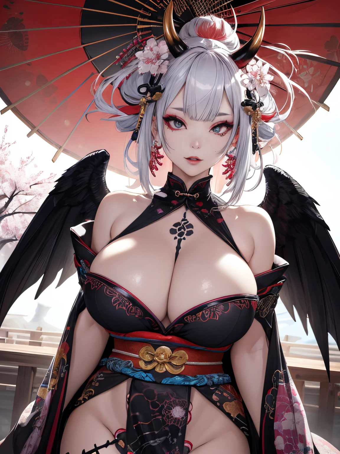 Extremely detailed CG unity 8k UHD QUALITY RESOLUTION WALLPAPER, AWARD-WINNING portrait, official art, Perfect masterpiece, best quality, best resolution, the most beautiful and sexy demon goddess, cowboy shot from below, highly detailed Harajuku-inspired hooded open kimono, oni horns, black angel wings, bold color scheme and patterns, trendy and innovative platinum white Mohawk hairstyle, vibrant makeup, super huge enormously gigantic tits, cleavage showing, gigantic tits bursting out of her kimono, tons of tattoos and piercings, detailed feudal Japan dazzling feudal Japan bedroom, cherry blossoms blowing in the wind, vivid color scheme, insane details, beautiful detailed face, blushing, sexy seductive slutty facial expression, looking at the viewer, close up pov camera view from below, slutty sassy seductive sexy dynamic pose, intricate details, ultra detailed.