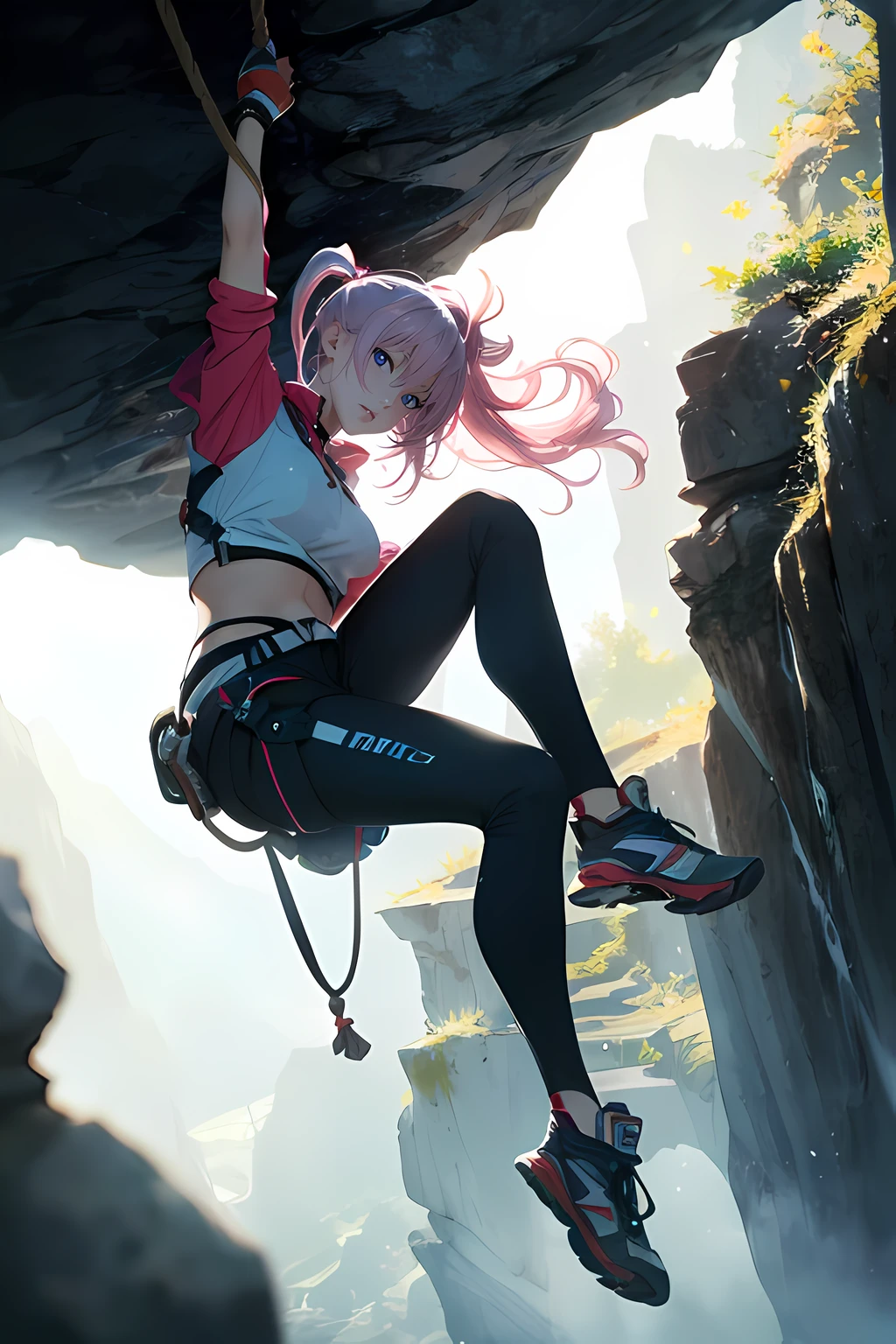 Cliff, rock climbing girl, sports hoodie front slit open lift up, pubic open bottom slit, nude pussy open, rock climbing shoes, sports gloves, mountain climbing & cliff, cliff scenery, frame goggles worn on forehead, viewer view, long eyelashes , smile, slight fit, 💧moist skin, aesthetics, Unreal Engine 5, sharp focus, chromatic aberration, ulzzang-6500-v1. 1, sunlight, full body, ulzzang-6500, detailed skin, highly detailed eyes and face, fujifilm xt3, high quality, high resolution, highly detailed, beautiful and gorgeous, geometric pose, full body, full body shot, wide angle, nude pussy. Nude vulva. crotch. open. Thighs. Full nude crotch. Nude opening lower body. ((Long hair blowing in the wind)), (((Woman's front hair is white gradient. Back hair is dyed red, ends are dyed rainbow colors), bead decoration, gothic chiffon lingerie & gothic black open bottom pantyhose. ((lower body Open, no panties)) ((Pee dripping) ) (((Sitting)) ((Peeing in the open vagina💧))((Squirting a lot of urine 💧 ))((Pee on the floor I'm leaking a lot 💧.I'm peeing a lot 💧I'm peeing.)) ((Spread my legs))((Bangs))((Long braids)) ((Shame))((Excited) )((Face turns red ))((open mouth)),body,ishikei,oversized shirt,shirt,off shoulder,((female))((20 years old))((semi-realistic)),body painting,Ishikei