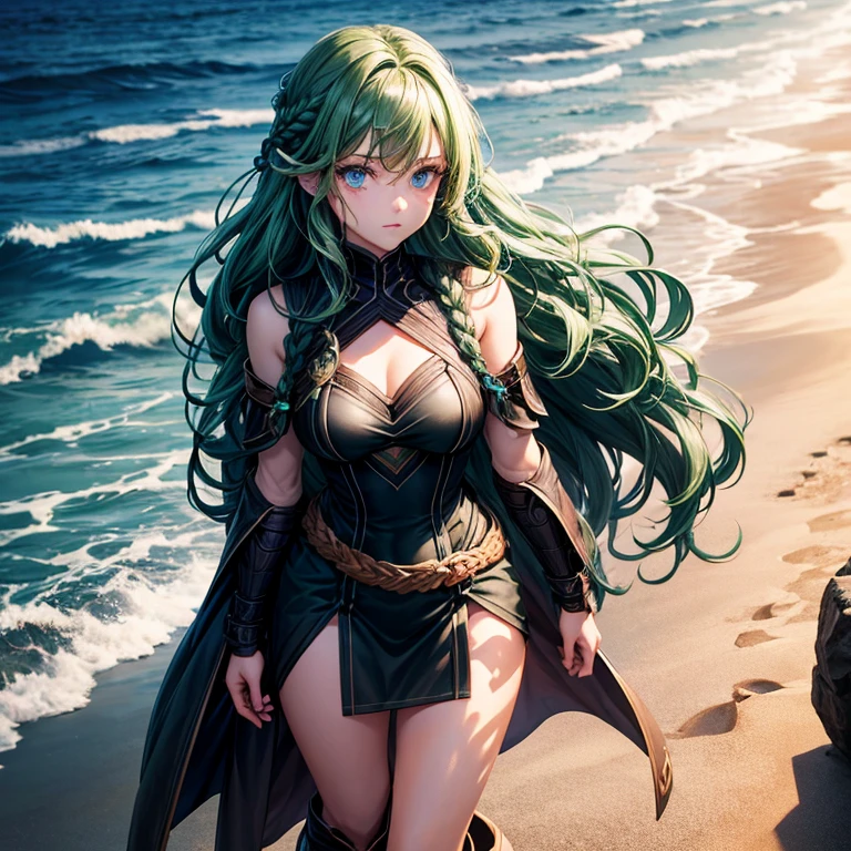 Full body mermaid female with legs. (Dark green) wavy hair( braided ). Standing up (facing forward) black armor short dress tall boots. Blue eyes. On sand ( detailed face)