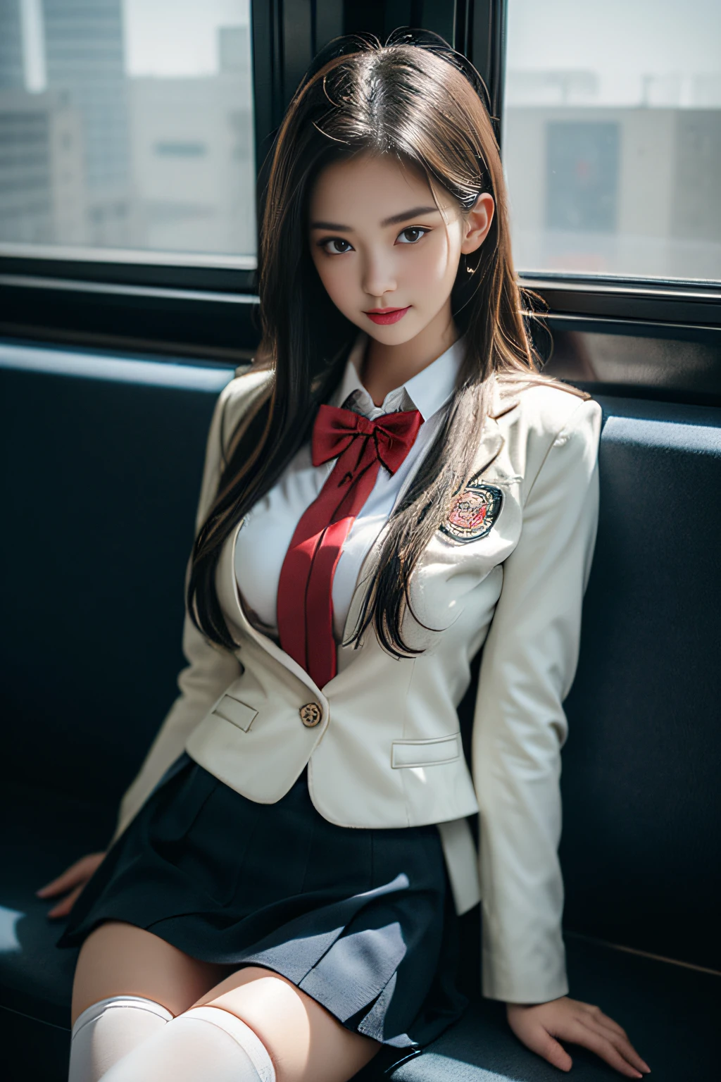 ((Female student sitting on a train seat )),Charming eyes,Heartwarming action,Turn your face away from the camera,stooped,Bend over,turn back,Look up at your head,thick and long black hair,Highly detailed body,Highly detailed face,best qualtiy、(P boobs iNK underwear),(High School Girls),((White Blazer、emblem on breasts))、((Translucent blouse)),((red bowtie)),((navy check flare skirt)),(Black stockings)、((Outside the window, Hazy skyscrapers))