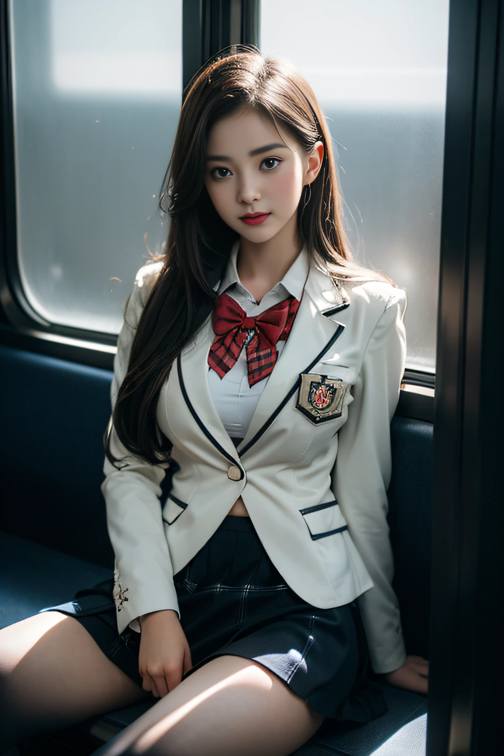 ((Female student sitting on a train seat ))，Charming eyes，Heartwarming action，Turn your face away from the camera，stooped，Bend over，turn back，Look up at your head，thick and long black hair，Highly detailed body，Highly detailed face，best qualtiy、(P boobs iNK underwear),(High School Girls),((White Blazer、emblem on breasts))、((Translucent blouse)),((red bowtie)),((navy check flare skirt)),(Black stockings)、((Outside the window, Hazy skyscrapers))