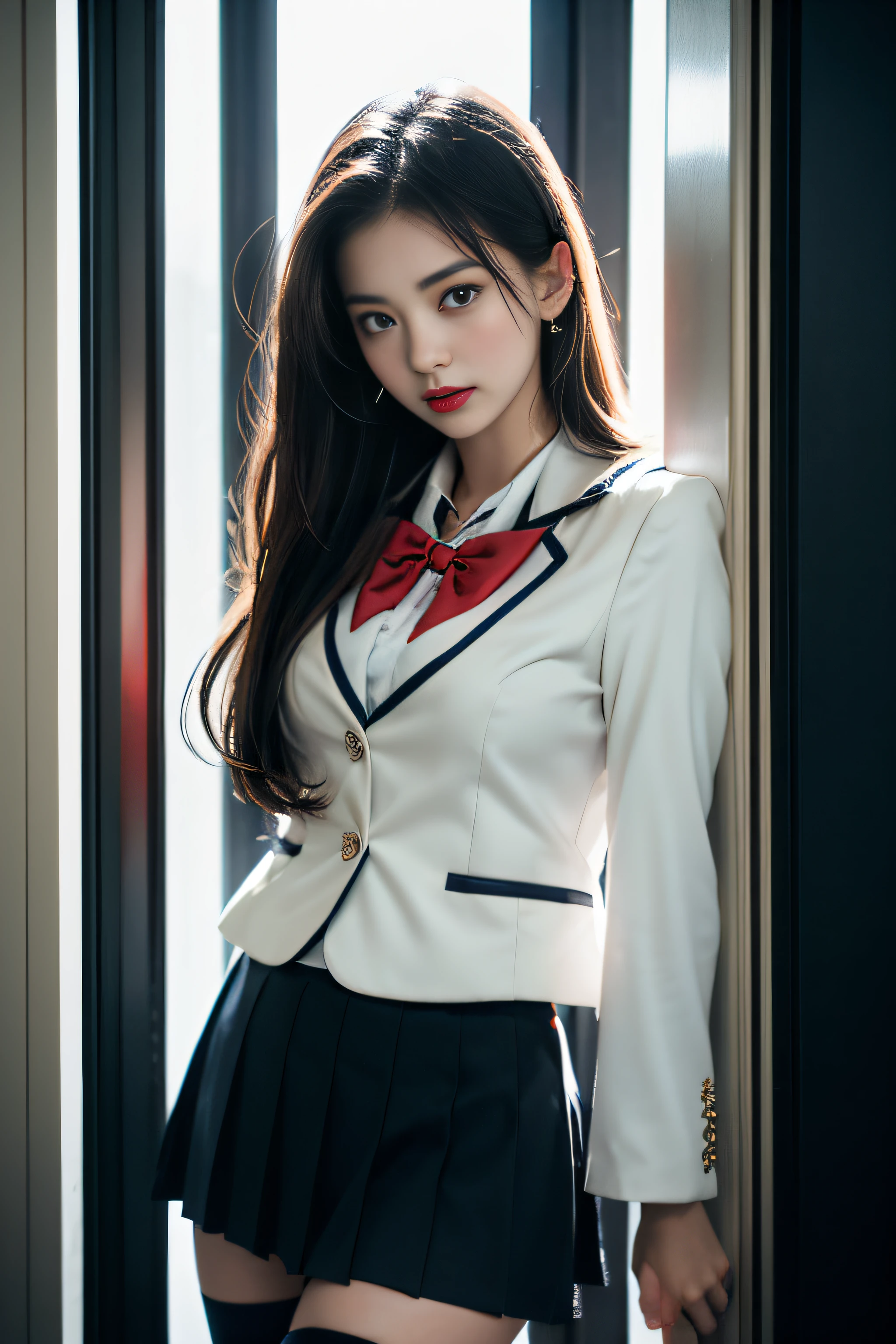 ( Female student standing near the train door),Charming eyes,Heartwarming action,Turn your face away from the camera,stooped,Bend over,turn back,Look up at your head,thick and long black hair,Highly detailed body,Highly detailed face,best qualtiy、(P boobs iNK underwear),(High School Girls),((White Blazer、emblem on breasts))、((Translucent blouse)),((red bowtie)),((navy check flare skirt)),(Black stockings)、