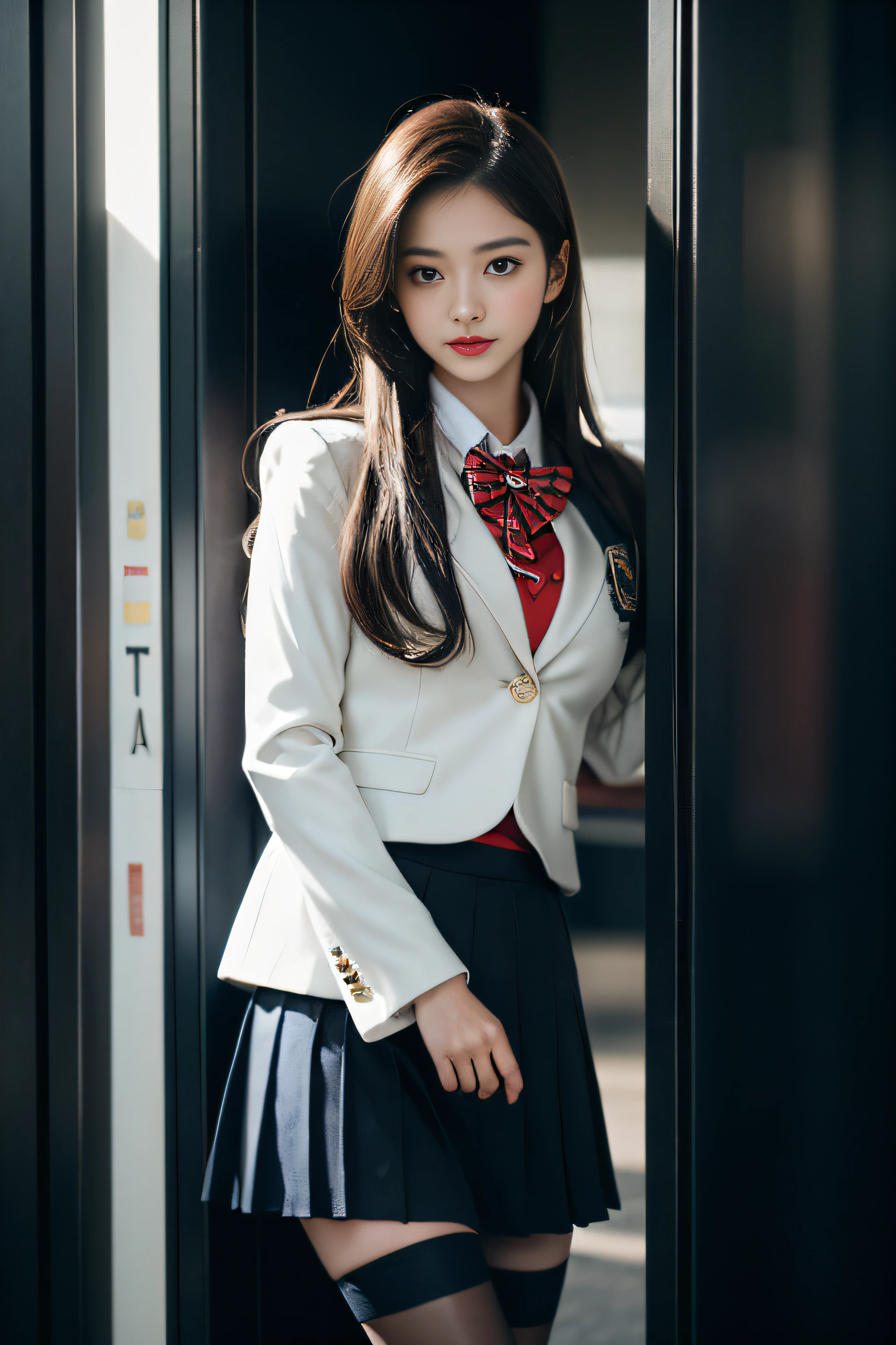 ( Female student standing near the train door),Charming eyes,Heartwarming action,Turn your face away from the camera,stooped,Bend over,turn back,Look up at your head,thick and long black hair,Highly detailed body,Highly detailed face,best qualtiy、(P boobs iNK underwear),(High School Girls),((White Blazer、emblem on breasts))、((Translucent blouse)),((red bowtie)),((navy check flare skirt)),(Black stockings)、