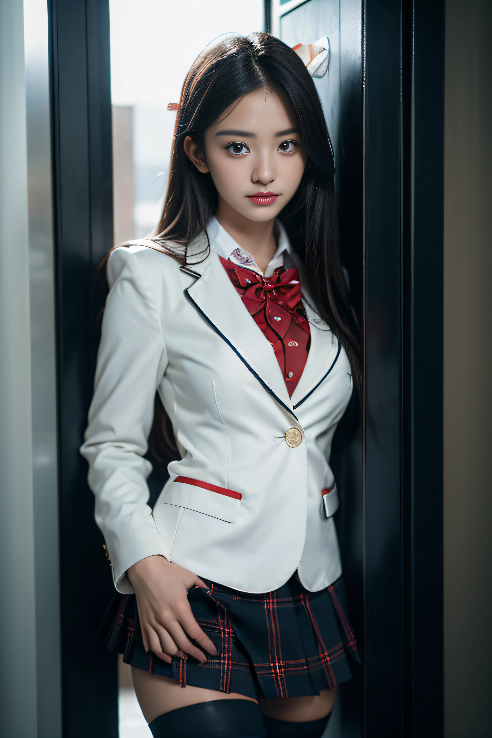 ( Female student standing near the train door)，Charming eyes，Heartwarming action，Turn your face away from the camera，stooped，Bend over，turn back，Look up at your head，thick and long black hair，Highly detailed body，Highly detailed face，best qualtiy、(P boobs iNK underwear),(High School Girls),((White Blazer、emblem on breasts))、((Translucent blouse)),((red bowtie)),((navy check flare skirt)),(Black stockings)、