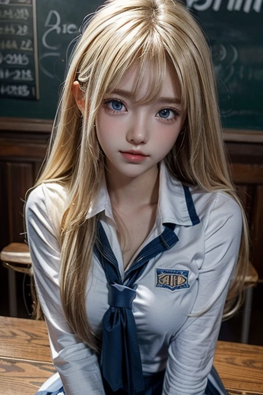 beautiful  shy blonde girl in school uniform and white miniskirt, beautiful blue eyes, breasts, long blonde hair, long thick bangs, ultra detailed hair, messy hair, golden hair, flirting, looking at viewer, sitting at a table , sexy school uniform, very pretty, sexy, school, French, bare shoulders.