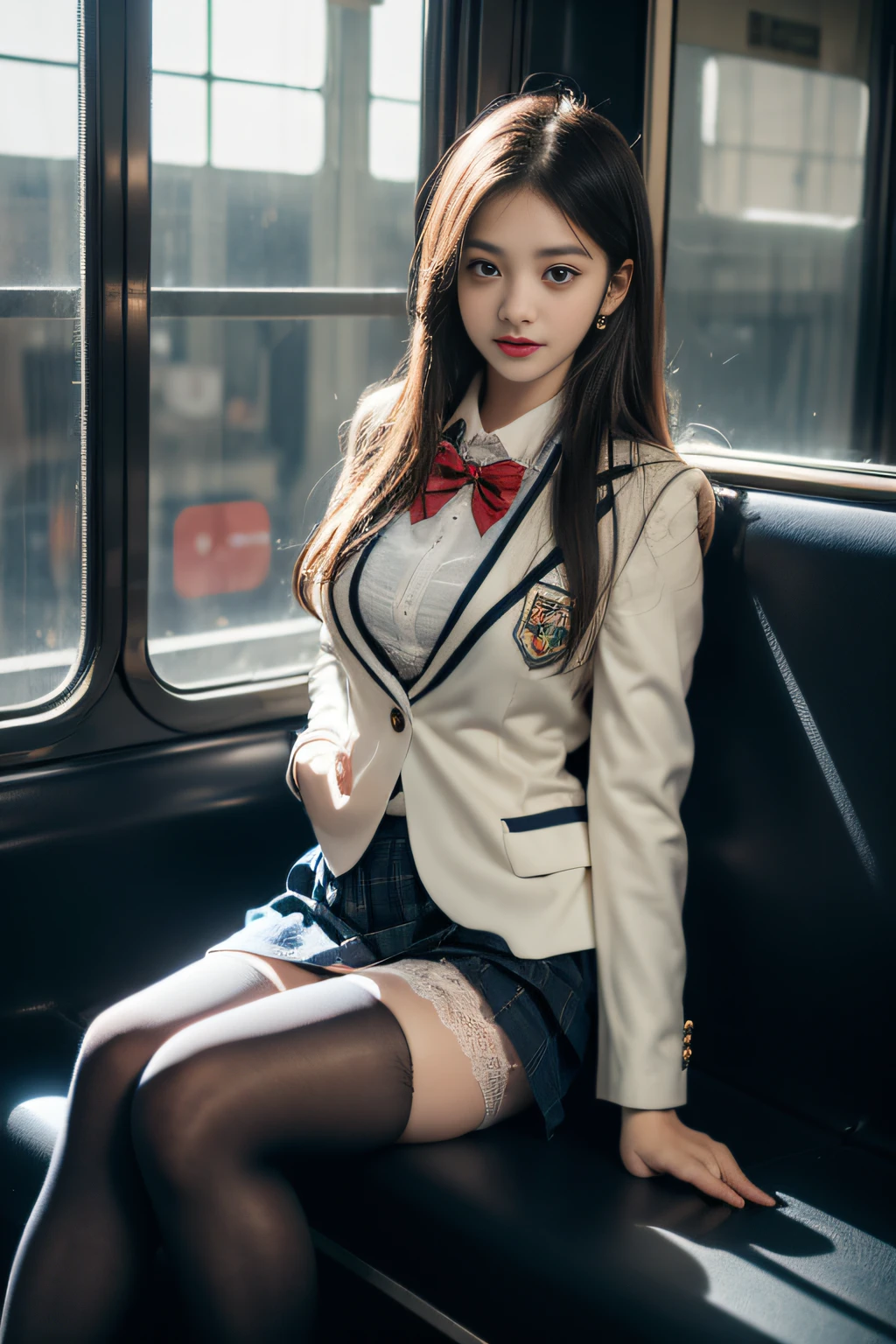 ((Female student sitting on a train seat )),Charming eyes,Heartwarming action,Turn your face away from the camera,stooped,Bend over,turn back,Look up at your head,thick and long black hair,Highly detailed body,Highly detailed face,best qualtiy、(P boobs iNK underwear),(High School Girls),((White Blazer、emblem on breasts))、((Translucent blouse)),((red bowtie)),((navy check flare skirt)),(Black stockings)、((Outside the window, Hazy skyscrapers)),((White lace panties are visible))