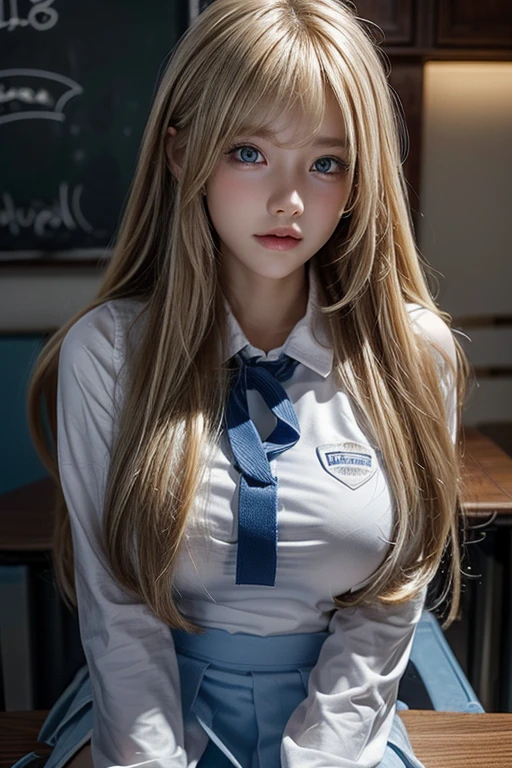 Beautiful 15 year old shy blonde girl in school uniform and white miniskirt, beautiful blue eyes, breasts, long blonde hair, long thick bangs, ultra detailed hair, messy hair, golden hair, flirting, looking at viewer, sitting at a table , sexy school uniform, very pretty, sexy, schoolgirl, French, bare shoulders, closed mouth.