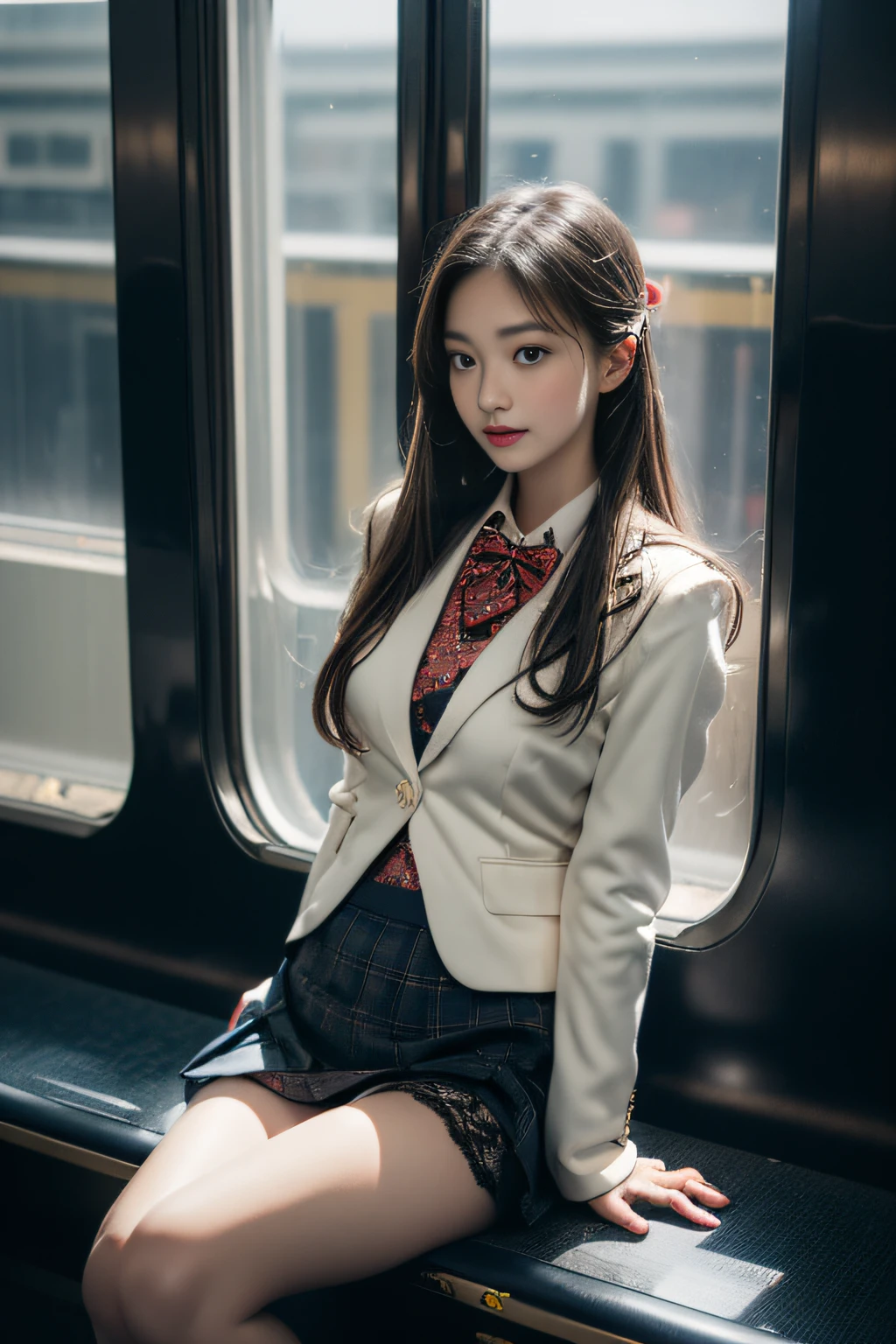 ((Female student sitting on a train seat )),Charming eyes,Heartwarming action,Turn your face away from the camera,stooped,Bend over,turn back,Look up at your head,thick and long black hair,Highly detailed body,Highly detailed face,best qualtiy、(P boobs iNK underwear),(High School Girls),((White Blazer、emblem on breasts))、((Translucent blouse)),((red bowtie)),((navy check flare skirt)),(Black stockings)、((Outside the window, Hazy skyscrapers)),((White lace panties are visible))((Eyes closed))、