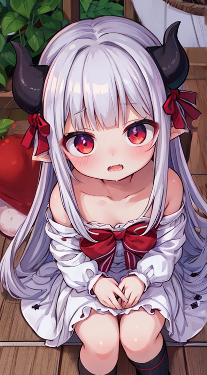 (best quality,4k,8k,highres,masterpiece:1.2),ultra-detailed,(realistic,photorealistic,photo-realistic:1.37),sitting on a cushion,a girl with long white hair and pink eyes like splattered art,anime girl,lovely anime girl face,cute anime face,anime drawing,based on muqi,1girl,solo,long hair flowing,looking at the audience,flushed cheeks,wide open mouth,straight bangs,red eyes,long-sleeved,top bow,fluttering ribbons,hair covering the collarbone,upper body,cleavage,hair in white,colorful eyes,watermark,bird's-eye view angle,hair intake,wooden floor,red devil horns,drooling,hands cupped