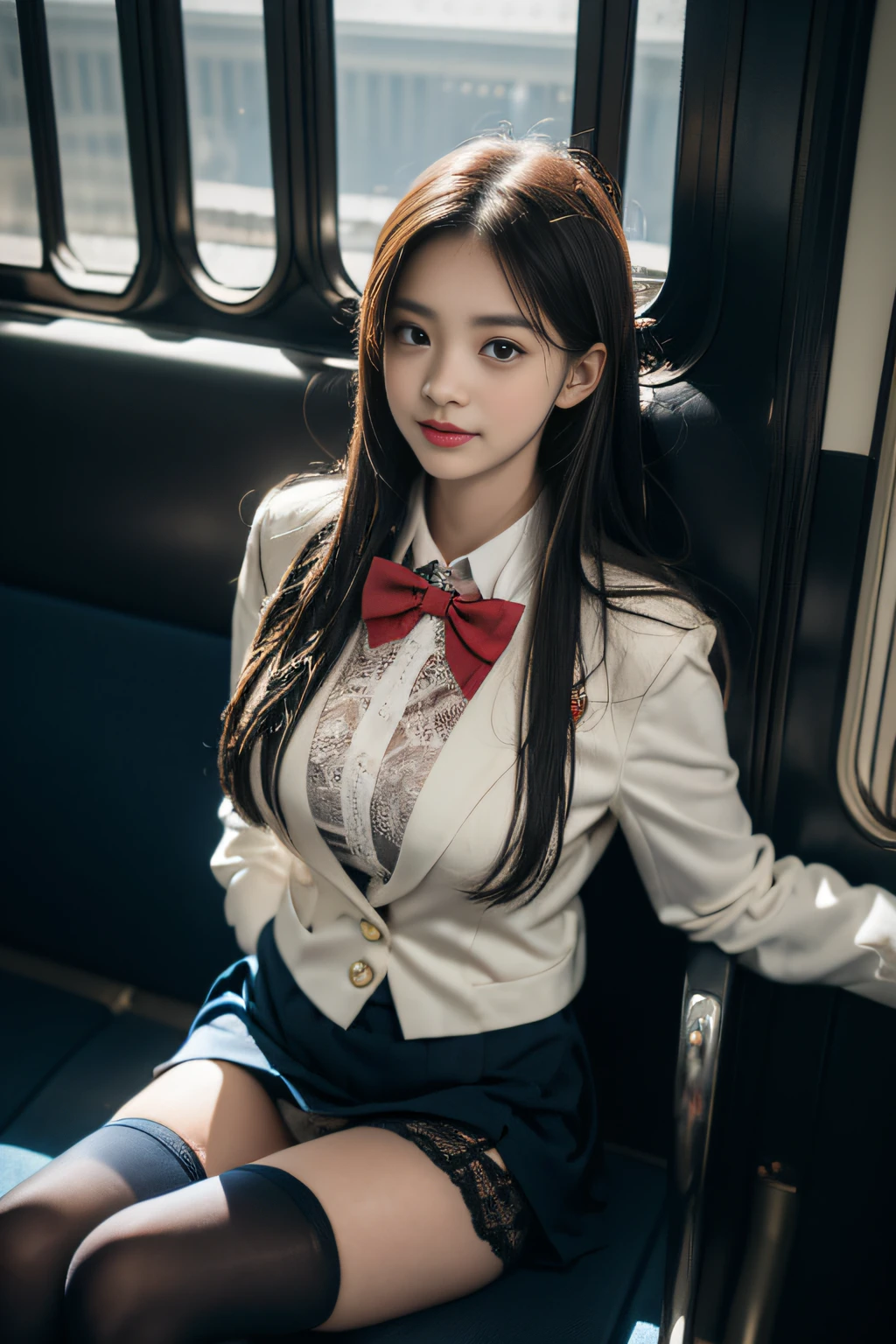 ((Female student sitting on a train seat )),Heartwarming action,Turn your face away from the camera,stooped,Bend over,turn back,Look up at your head,thick and long black hair,Highly detailed body,Highly detailed face,best qualtiy、(P boobs iNK underwear),(High School Girls),((White Blazer、emblem on breasts))、((Translucent blouse)),((red bowtie)),((navy check flare skirt)),(Black stockings)、((Outside the window, Hazy skyscrapers)),((White lace panties are visible)),((Open legs)),((Eyes closed)),