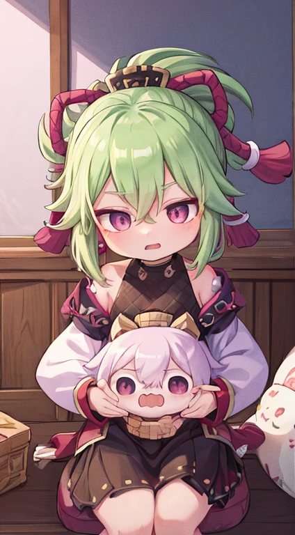 Animated girl with long white hair and pink eyes sitting on a cushion，rococo, splash art anime girl, Very cute anime girl face, cute anime face, an anime drawing, Based on muqi,1girll,individually,Wear long hair,looking at viewert,Flush,Open your mouth,straight bangs,red color eyes,longer sleeves,Shoe bow,Streamers,Hair between the eyes,Cover the collarbone,The hair on the upper body  white,Long tongue,Pink eyes,watermarked,Top-down view,hair intakes,Wood-colored flooring，Red devil with hornouth drool，Hold it in both hands
