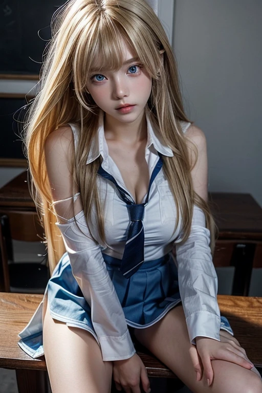 Beautiful 15 year old shy blonde girl in school uniform and white miniskirt, beautiful blue eyes, breasts, long blonde hair, long thick bangs, ultra detailed hair, messy hair, golden hair, flirting, looking at viewer, sitting at a table , sexy school uniform, very pretty, sexy, schoolgirl, French, bare shoulders, closed mouth.