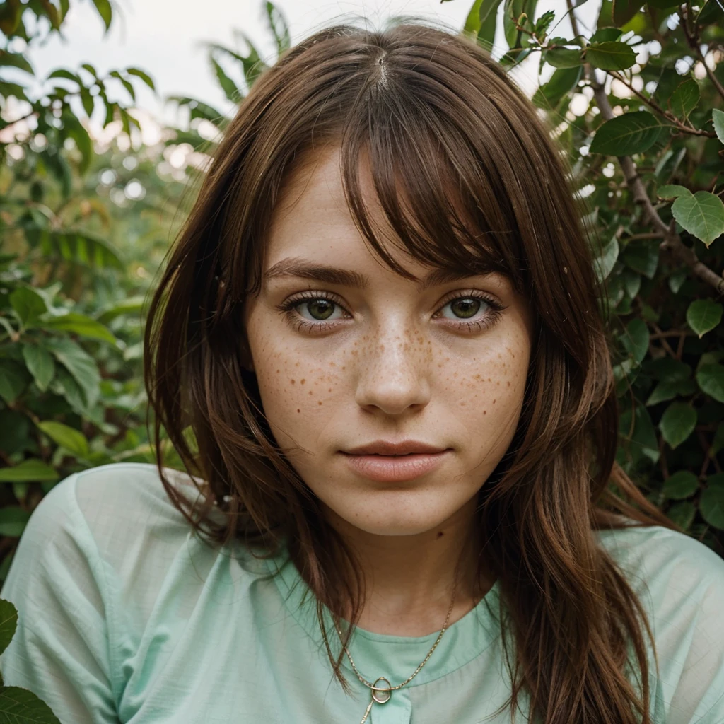 i want recreate a woman, in peacefull place full of vegetation, with freckles, brown hair
