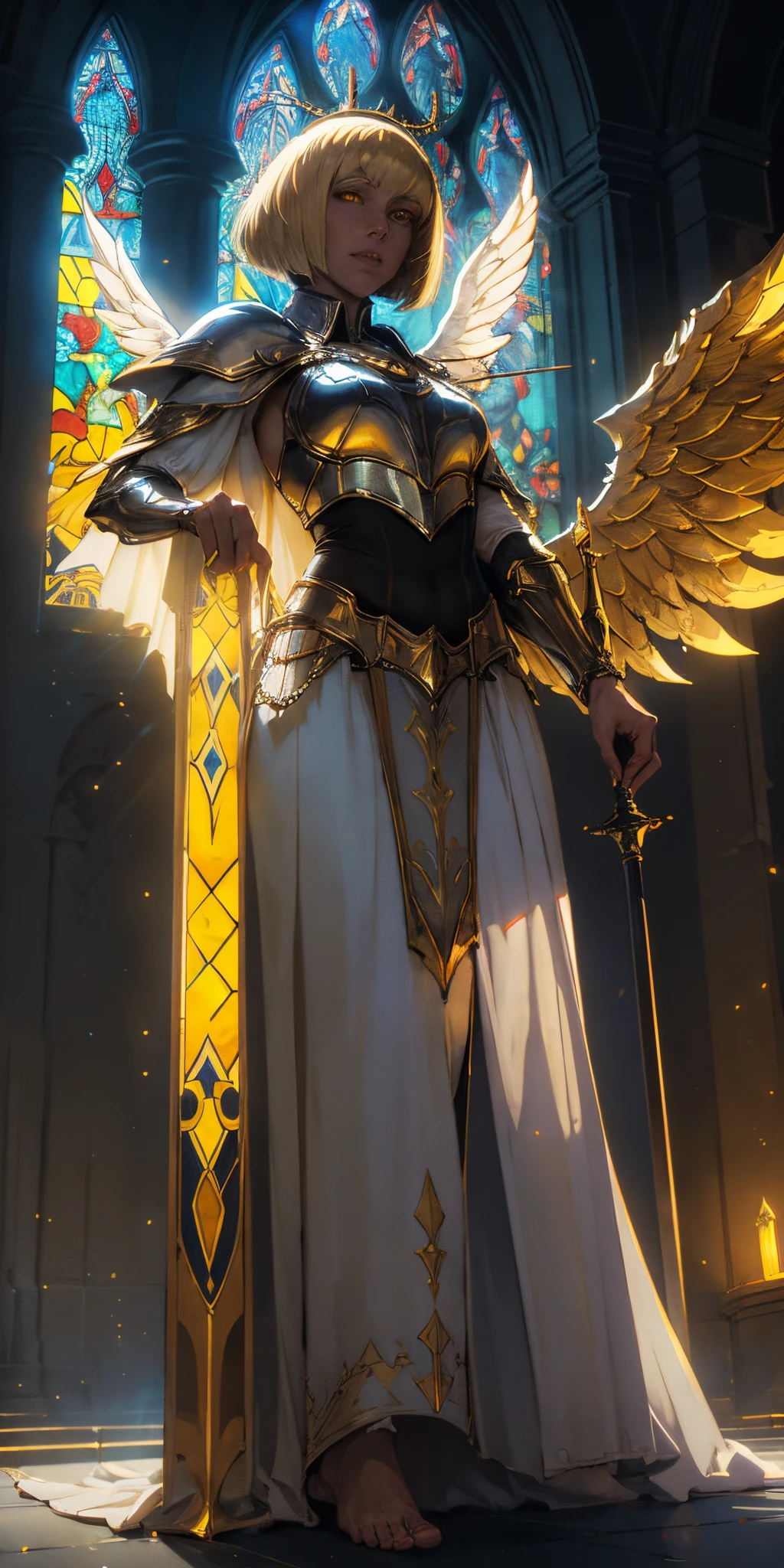 low angle, from below, paladin templar lady in white tabard, legwear, glowing yellow eyes, collar, golden chainmail, wide hips, barefoot, angel wings, pauldrons, halo, bob cut, blonde, eye focus, red cape, temple indoors, decorations, stained glass windows, night, particles, chromatic aberration, detailed, cinematic, dark scene, fantasy
