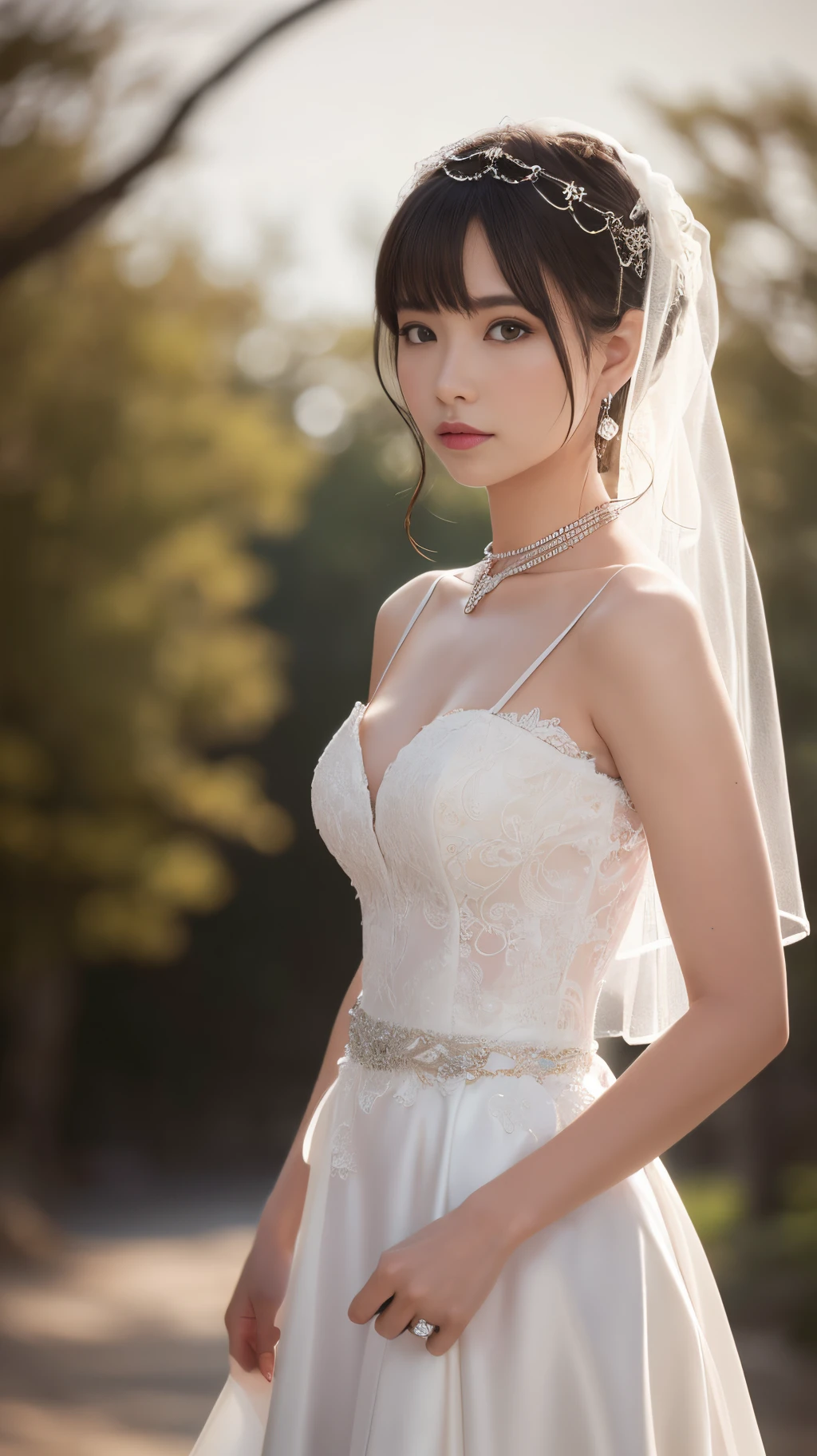 (masutepiece), Best Quality, Highest Quality, Highly detailed CG Unity 8k wallpaper, Original, High resolution, (depth of fields: 1.5), fidelity: 1.3, breasts, Bride portrait style, 1 girl, drapes, veils , Bridal Veil, wedding dress, drapes, Jewelry, Solo, earrings, tusk, bride, Black_hair