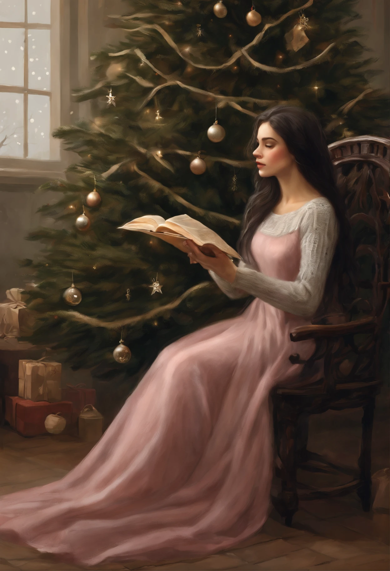 真实感, a painting, fairy tale fantasy style, Christmas style, John Tolkien style, Small painting by Jean-Baptiste Monge, Soft facial features, Rocker Girl, sitting in a chair with flowing black hair near the Christmas tree, Soft facial features, Wearing trousers,  wearing a sweater, With light makeup,  dark pink lips,  lip shape"pearlescent" ,"curved eyebrows in the shape of Engriberts, light gray eyes,  heavy-lidded eyes, Human Hand, Very clear, Without flaws, five fingers, black long wavy hair, in a knitted sweater, in black trousers,mischievous character, Christmas tree, Gifts, Jean-Baptiste Monge, anthropomorphic --ar 2:3 --testp -optimistic;