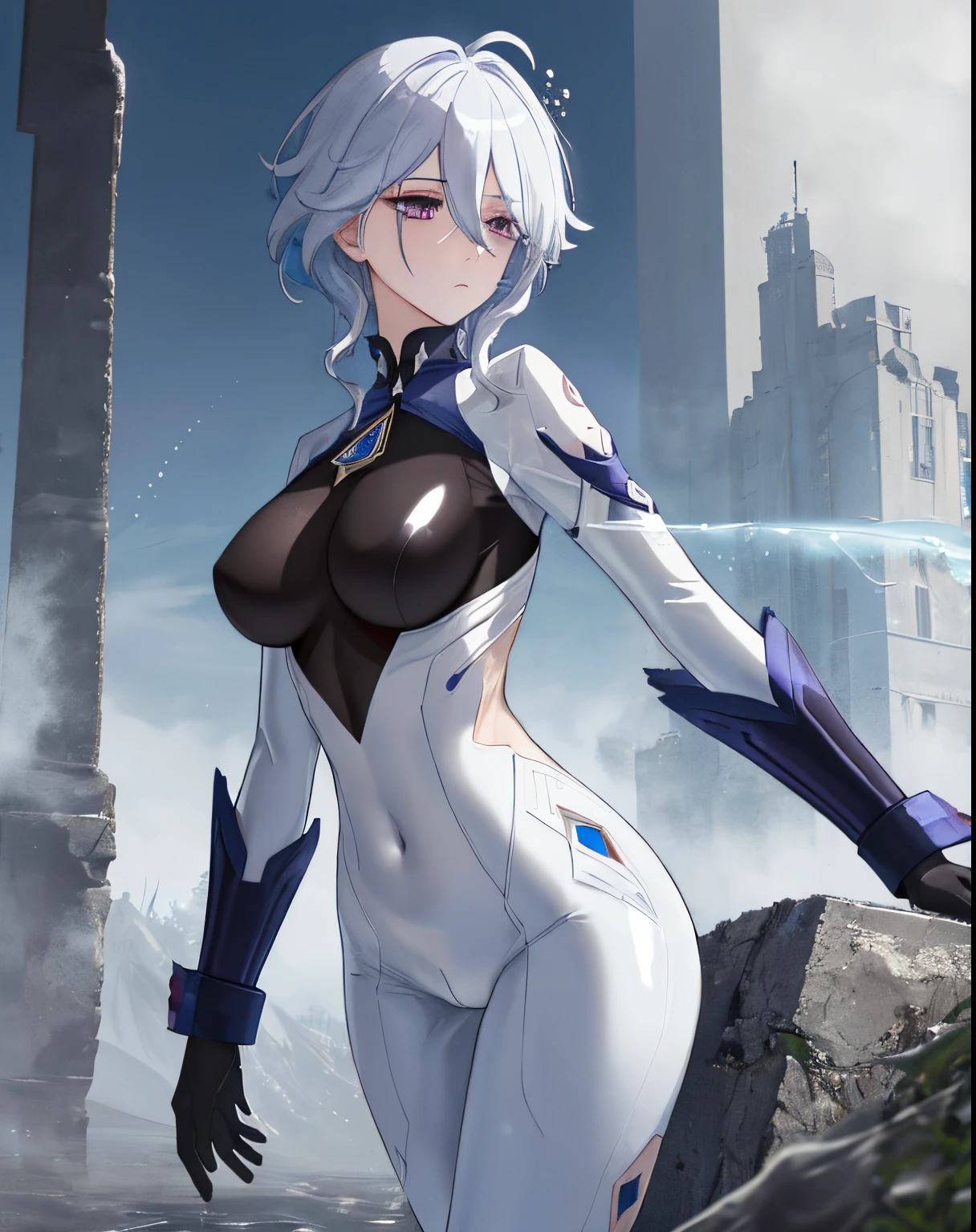 tmasterpiece, Best quality at best, Outdoor sports, venue, at a forest, grassy, the eye of the universe, eyeslashes,Latex concept, 1 Sister, Alone, looking at viewert, Upper part of the body, both hands on hip, tightsuit, skin tight, latex,White jumpsuit,White jumpsuit, shinning clothes, Shiny, Cover the navel, steams,tmasterpiece, Best quality at best, 1 Sister, Forina, genshin impact, White hair, Blue hair, Cute big breasts, tear pupil, sad, Critical hit rate, under the water, airbubble, The large, falling into oblivion,White latex coat, abandoned city lock,hair covering one eye,((Gradient hair)), A thin body,Beautiful blood red eyeshadow,Wearing long white gloves:1.a purple eye:1 white hair, Blue hair:1.3, Super fine eyes, Sick, fundo vermelho, red eyes, empty eyes tired:1.1), eye bags, partially colored, (messy hair:0.9), face expressionless, (looking-down:1.3), (shaded face:1.2), shadows on eyes, seen from the side