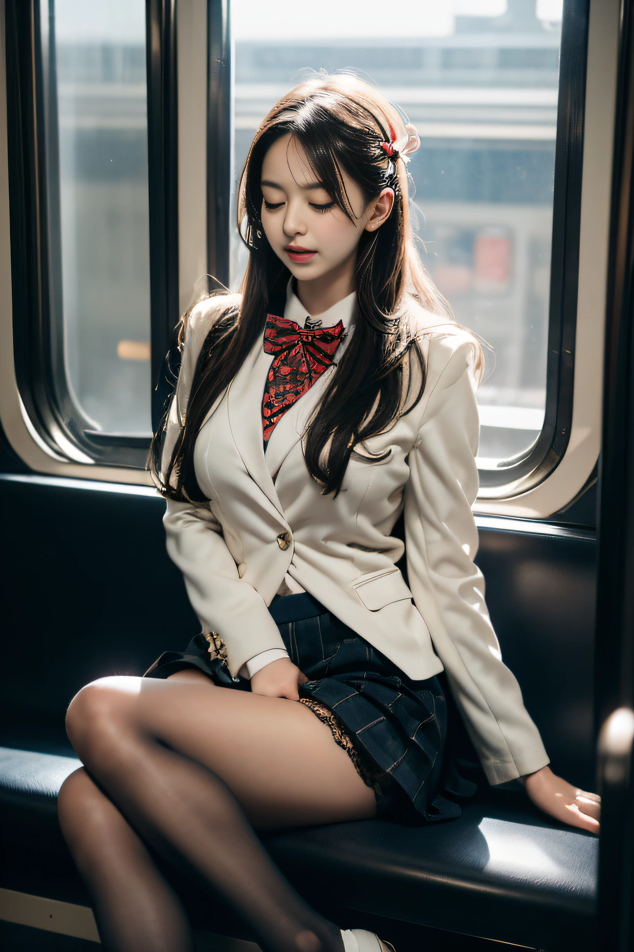 ((Female student sitting on a train seat )),Charming eyes,Heartwarming action,Turn your face away from the camera,stooped,Bend over,turn back,Look up at your head,thick and long black hair,Highly detailed body,Highly detailed face,best qualtiy、(P boobs iNK underwear),(High School Girls),((White Blazer、emblem on breasts))、((Translucent blouse)),((red bowtie)),((navy check flare skirt)),(Black stockings)、((Outside the window, Hazy skyscrapers)),((White lace panties are visible)),((((Open legs)))),((((Eyes closed))))