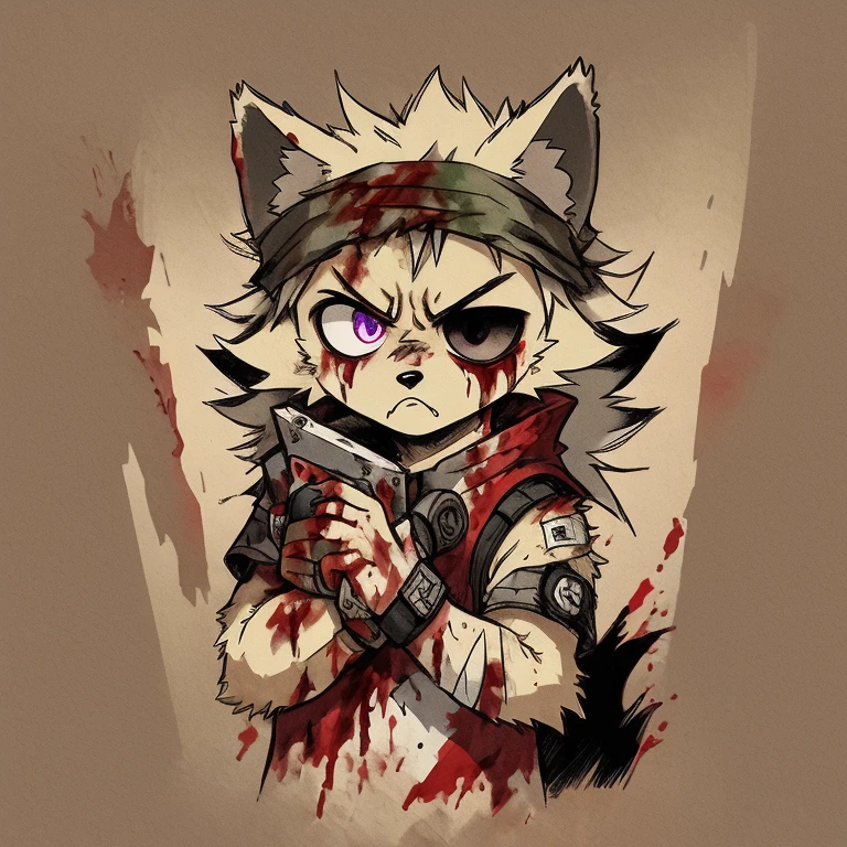 (ghost wolf character), (small stature), (sharp claws), (5-fingered hands), (4-fingered paws), (hairy), fluffy, (battered body), (battered), gloomy, (large wound on his head), bleeding, (hemolacria), (matted fur), (disheveled), wounds, (battered clothing), (gloomy clothing), (grief-filled expression) , (angry expression), (body covered with torn blankets). (-like appearance), (blood-stained blankets), (wounds and blood stains on his head), (tender and disturbing). fursona, bandages, (fluffy tail), (purple left eye), (no right eye), (right eye shaped like a crosshair), (right eye shaped like a red dot sight). powerful