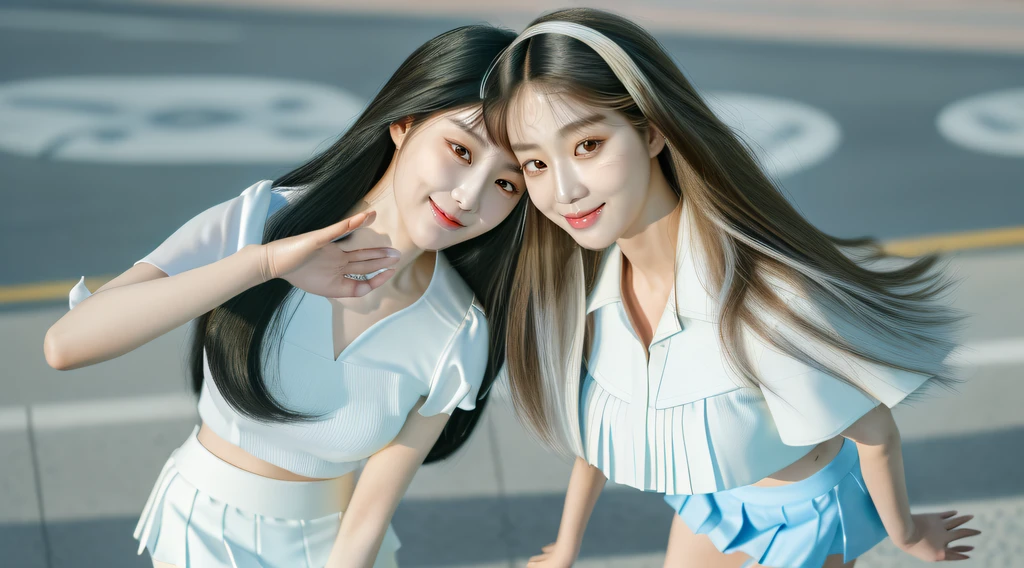 two asian women standing next to each other smiling, scandy and arender, 📷 mungojerrie and rumpleteazer, inspired by Wang Duo, ruan jia and brom, yamy, with a twin, smooth in _ the background, ruan jia and mandy jurgens, sisters, promo still, photo from a promo shoot