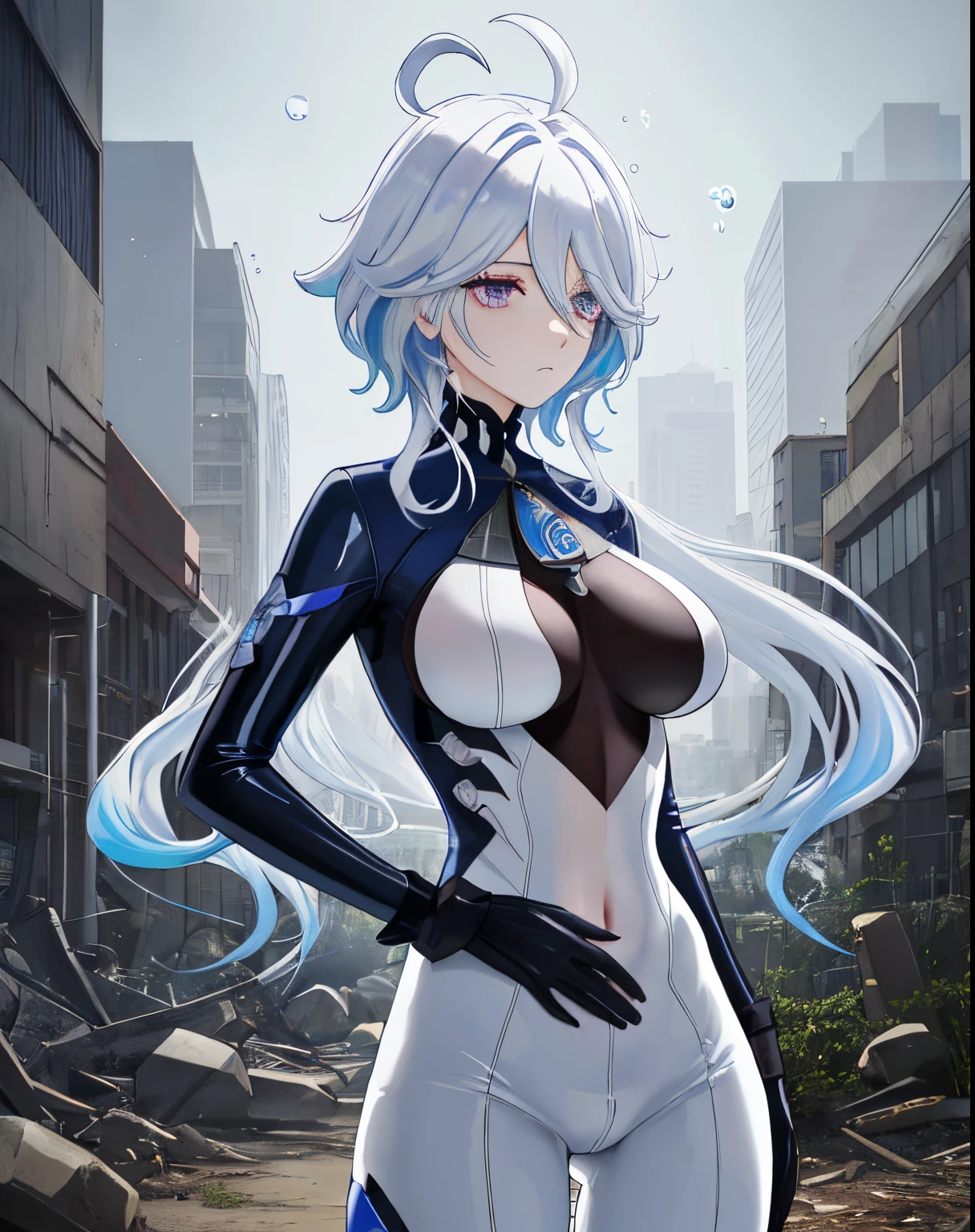 tmasterpiece, Best quality at best, Outdoor sports, venue, at a forest, grassy, the eye of the universe, eyeslashes,Latex concept, 1 Sister, Alone, looking at viewert, Upper part of the body, both hands on hip, tightsuit, skin tight, latex,White jumpsuit,White jumpsuit, shinning clothes, Shiny, Cover the navel, steams,tmasterpiece, Best quality at best, 1 Sister, Forina, genshin impact, White hair, Blue hair, Cute big breasts, tear pupil, sad, Critical hit rate, under the water, airbubble, The large, falling into oblivion，White latex coat, abandoned city lock,hair covering one eye,((Gradient hair)), A thin body，Beautiful blood red eyeshadow，Wearing long white gloves:1.a purple eye:1 white hair, Blue hair:1.3， Super fine eyes, Sick, fundo vermelho, red eyes, empty eyes tired:1.1), eye bags, partially colored, (messy  hair:0.9), face expressionless, (looking-down:1.3), (shaded face:1.2), shadows on eyes, seen from the side