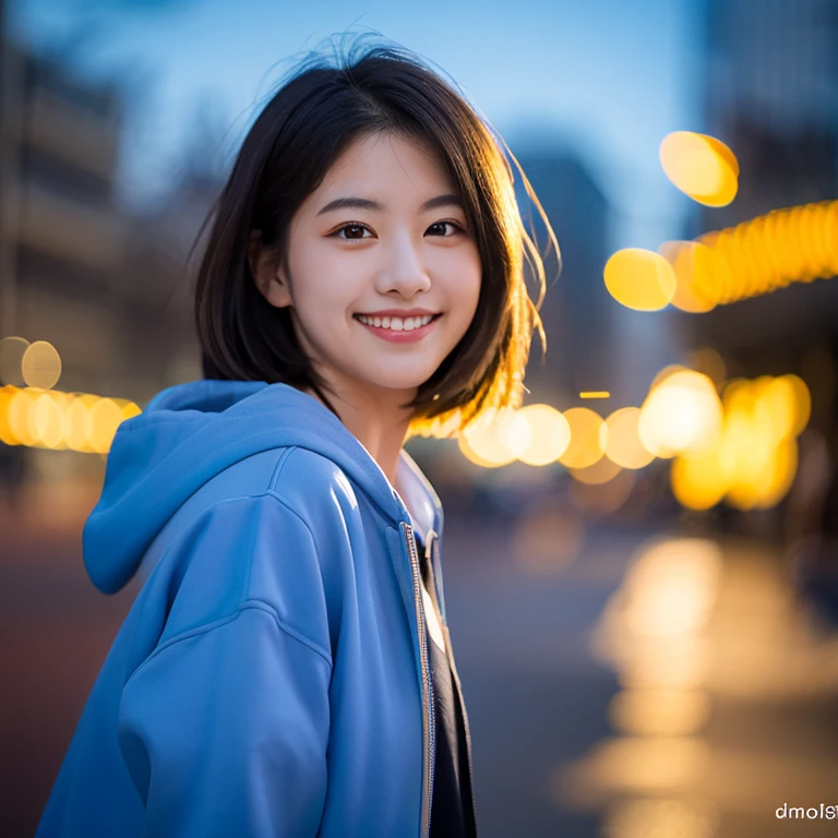 (8k RAW photo,best quality, masterpiece:1.2), (realistic,photo-realistic:1.37), omertosa, 1girl, city, professional lighting, photo mapping,radiosity, physically-based rendering, blue backlight bokeh, smile, mature, head portrait, sunlight, blone, short jacket, school uniform, hoodie, short hair, floating hair,