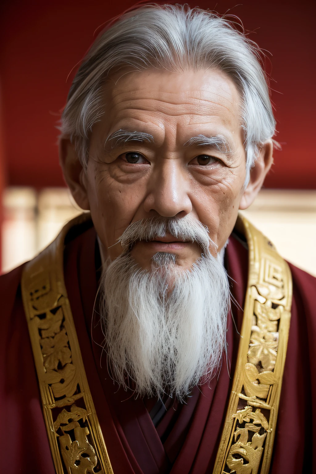 orthofacial,Half-body appearance,white mustache,French-German man wearing red and gold robes, Taoist, , portrait of monk, Taoist, one old man, portrait photo of an old man, Smart old man, holy man looking at ground, Asian people, Taoist temple and monks, Japanese ancient monk, Asian people, photo of a man, portrait shooting