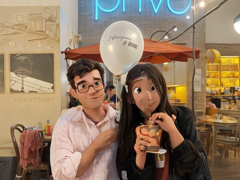 Guy holding a balloon with a girl. Convert into Disney Pixar Style