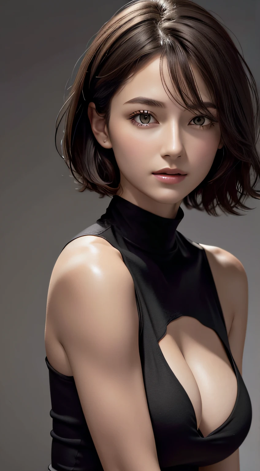 Skin Tight Black Top:1.2, Looking at Viewer, Cinematic lighting, Perfect, softlight, High resolution skin:1.2, Realistic skin texture, 30 years old mature woman、a small face、no-makeup、, off shoulders,Bust B Cup、 Exposed cleavage, Red Eyes, Short hair, dark brown hair、fullnude、Gray background、