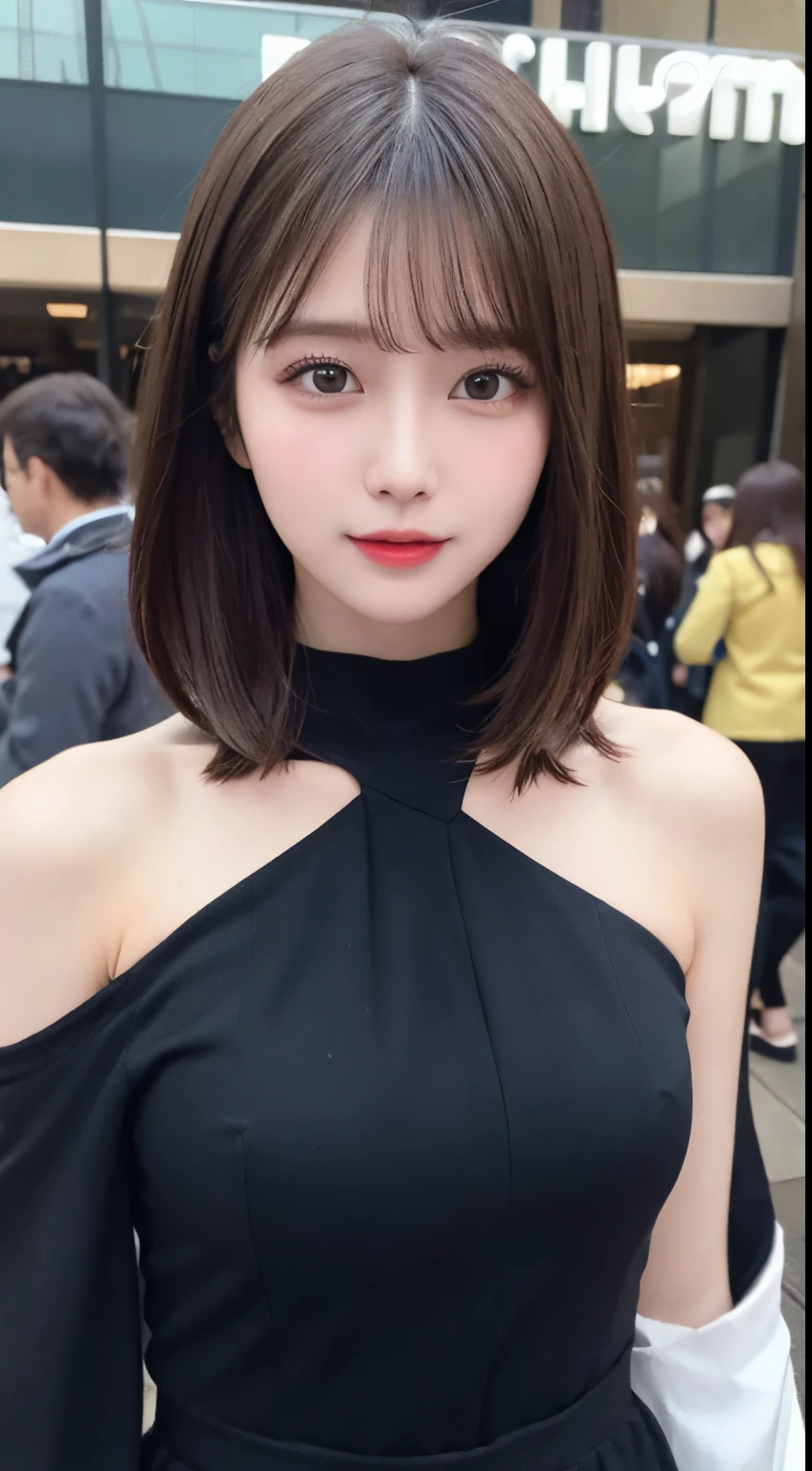 masutepiece, Best Quality, Illustration, Ultra-detailed, finely detail, hight resolution, 8K Wallpaper, Perfect dynamic composition, Beautiful detailed eyes, Black Long Sleeve Dress,Straight hair, Natural Color Lip, Bold sexy poses、20 years girl、Cute,Take close-up photos of your face,Sexy face,Face of sexual excitement at climax、Blur the background,Perfect and beautiful face,Facial expressions inviting a man,the met,Anatomically correct body,Blur the background
