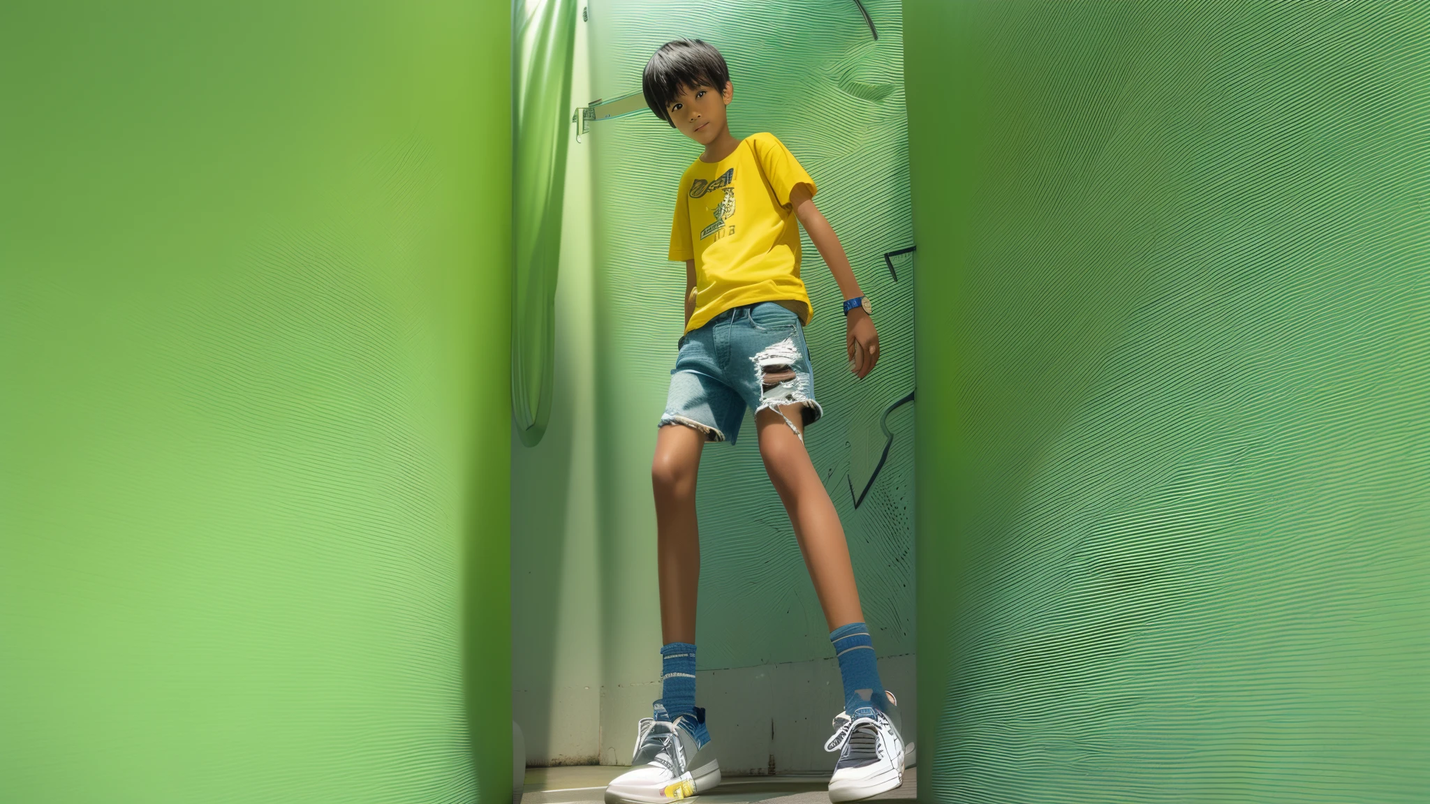  boy，Wheat-colored skin，Blue ripped denim shorts ，tee shirt，Big eyes and short hair，tall and lanky skinny，Full body photo，A junior high school student，Grinning，whitestocking，White shoes