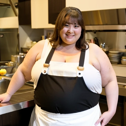Super obese female clerk、300 lbs very obese、Very obese Japanese woman with monster big breasts in her 50s with brown hair., Apron Ultra-obesity