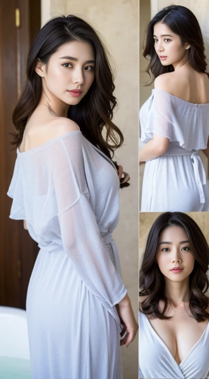 A woman with the same face as last time,1Man Woman、Slender Abs、Loose wavy styling、Capelet、Please express it beautifully in every detail.、Agra、backshots、bath robe, Including face and skin texture.,Detailed eyes,Seducting look、full body Esbian