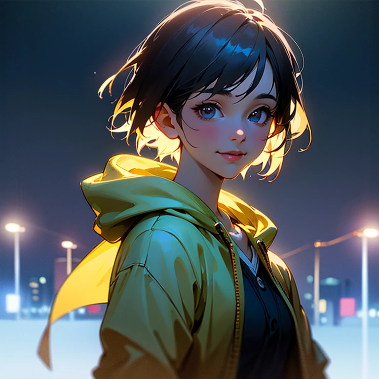 (8k RAW photo,best quality, masterpiece:1.2), (realistic,photo-realistic:1.37), omertosa, 1girl, city, professional lighting, photo mapping,radiosity, physically-based rendering, blue backlight bokeh, smile, mature, head portrait, sunlight, blone, short jacket, school uniform, hoodie, short hair, floating hair,